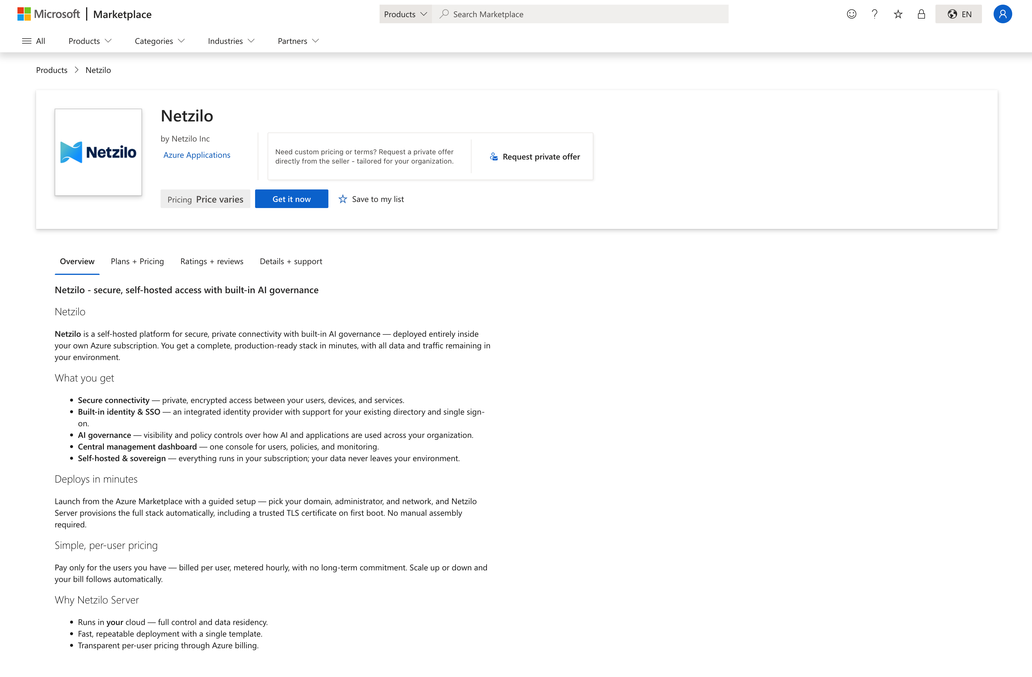 Netzilo Server on the Azure Marketplace