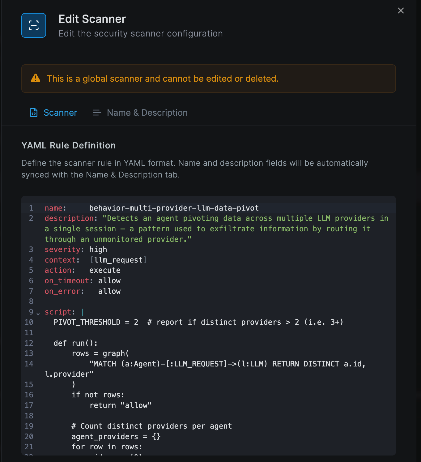 Edit Scanner dialog showing the YAML rule definition for a global scanner, with the warning that global scanners cannot be edited or deleted