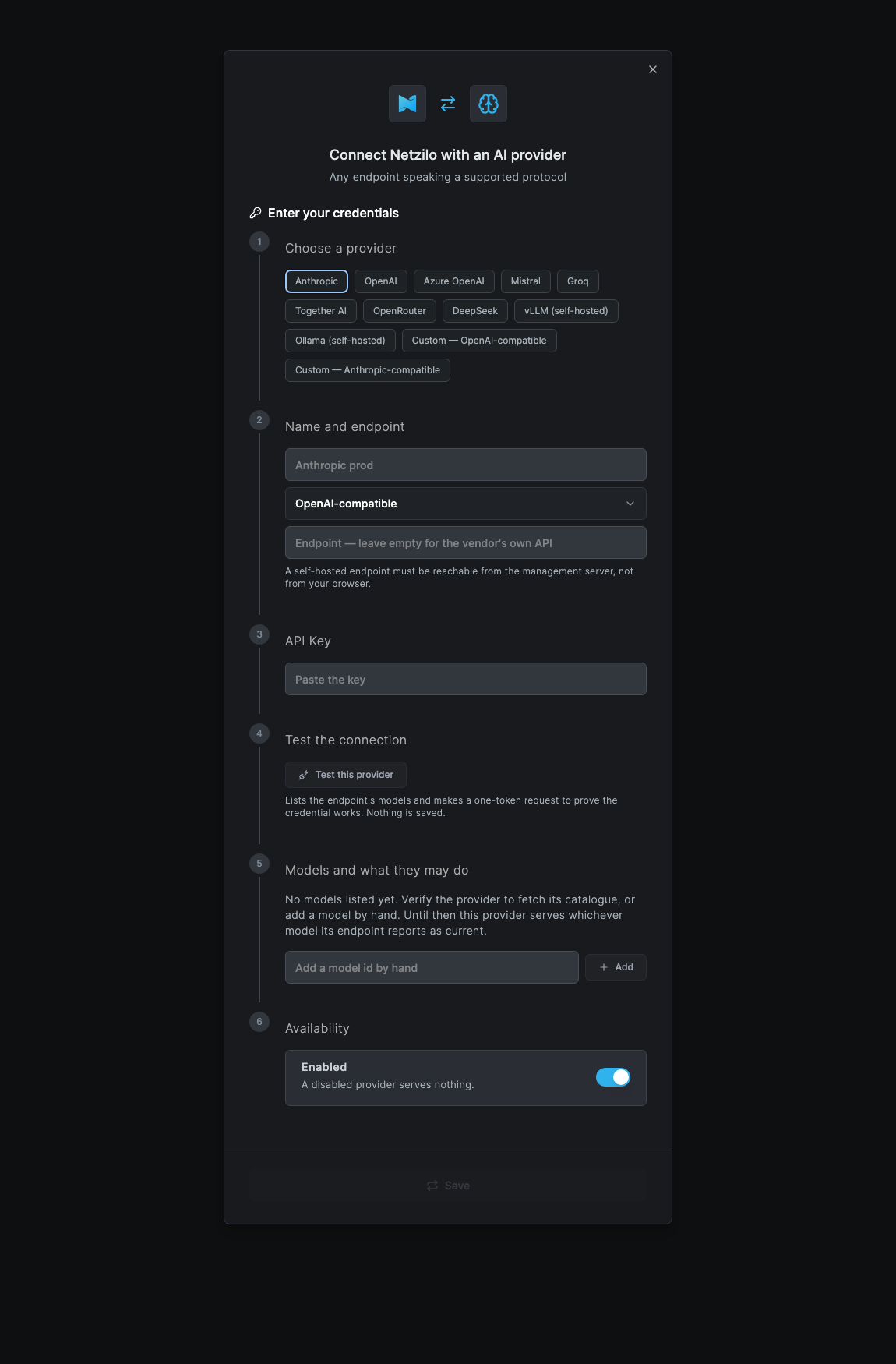 The Add Provider dialog, showing the vendor presets, the name and protocol fields, the endpoint and API key fields, the connection test, and the grid that approves each model for a feature