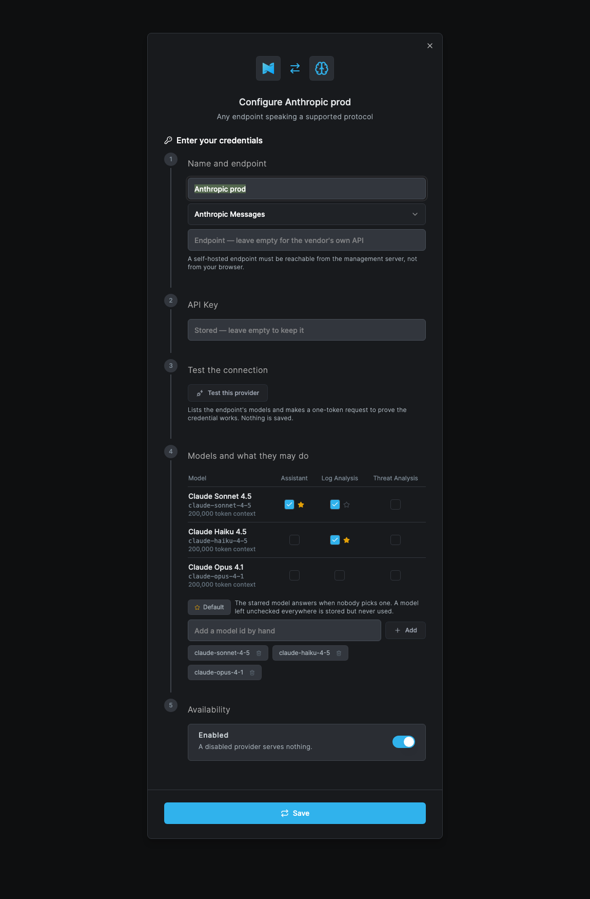 Configuring an existing provider, with three Claude models and checkboxes approving each of them for Assistant, Log Analysis and Threat Analysis, and stars marking the default model per feature