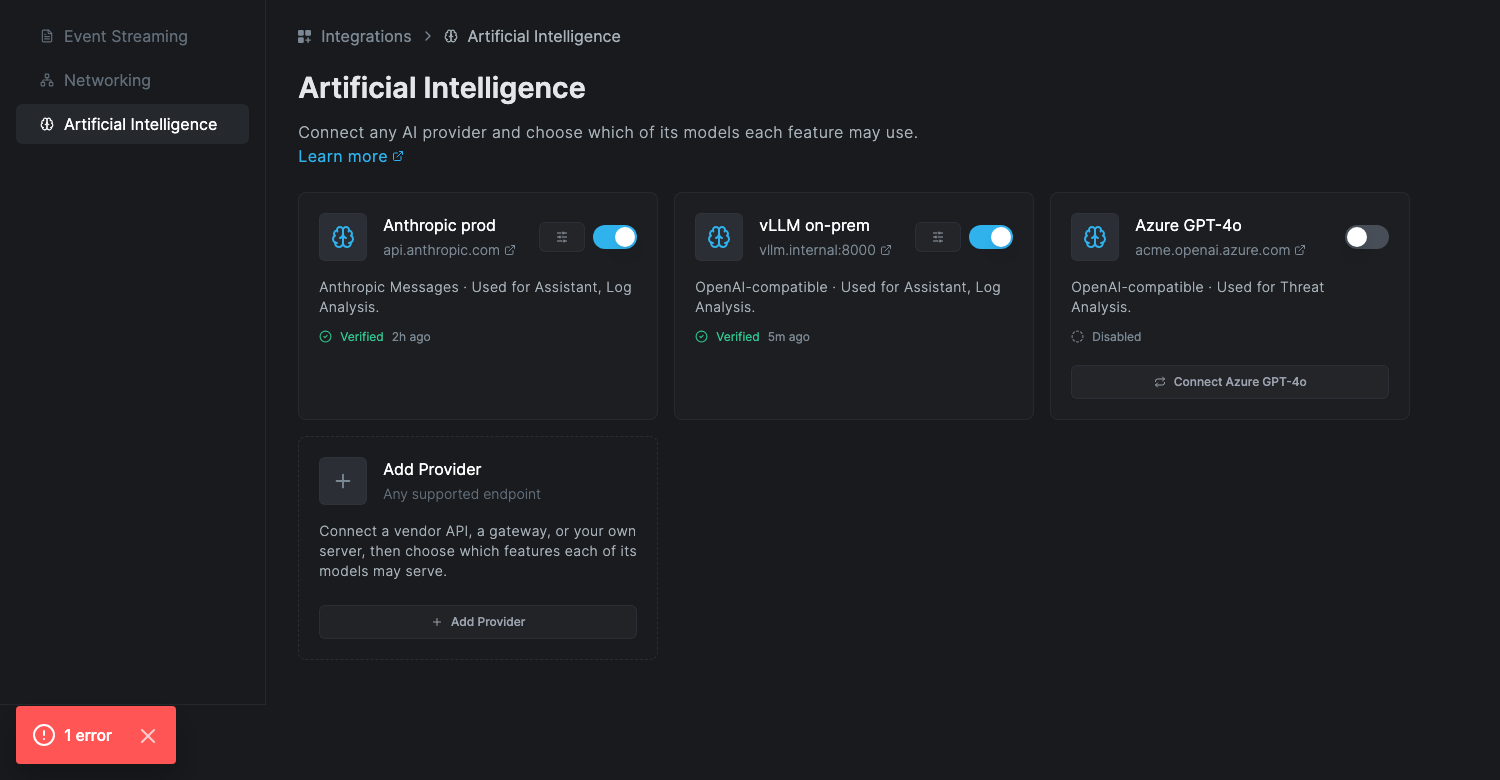 The Artificial Intelligence tab under Integrations, showing three connected AI providers as cards with their protocol, health and the features each is used for