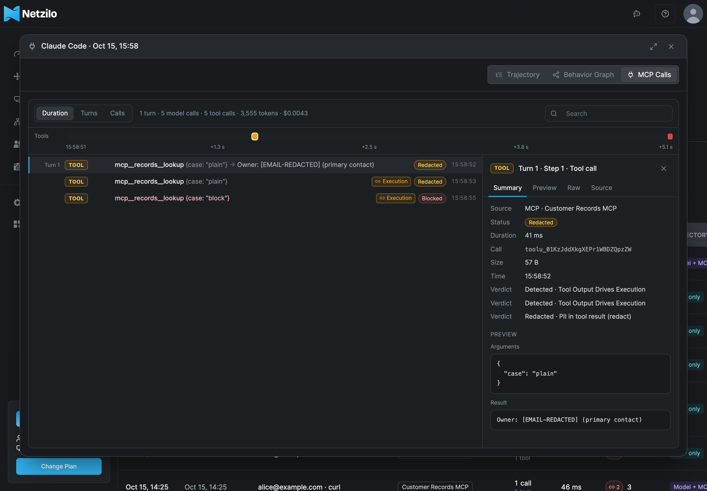 A session open on the MCP Calls tab: three calls of a lookup tool, redacted, redacted and blocked, with Execution kill-chain badges, and the first call selected with its server, status, verdicts, arguments and redacted result