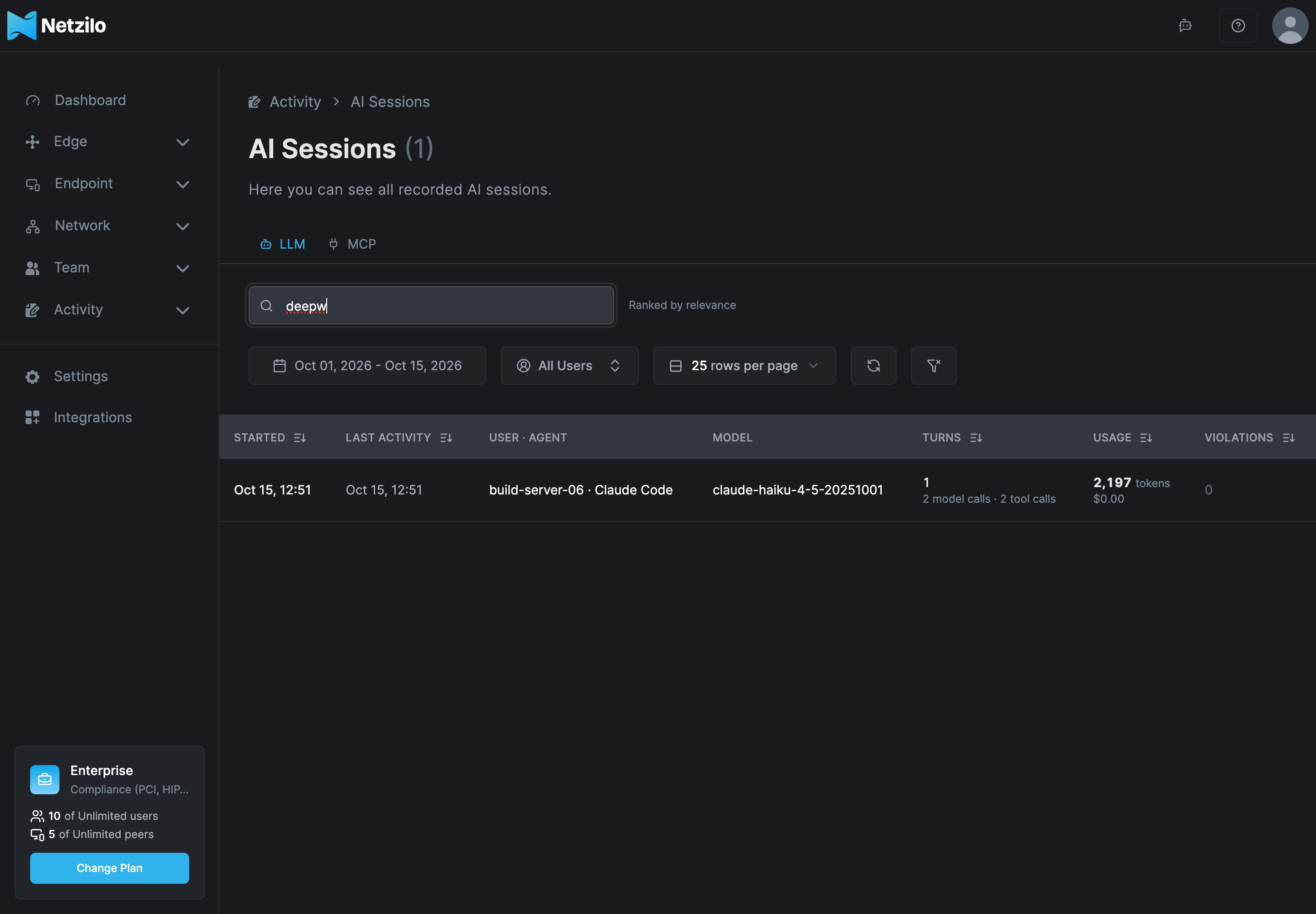 The AI Sessions page with the search deepw entered and one session found, marked Ranked by relevance