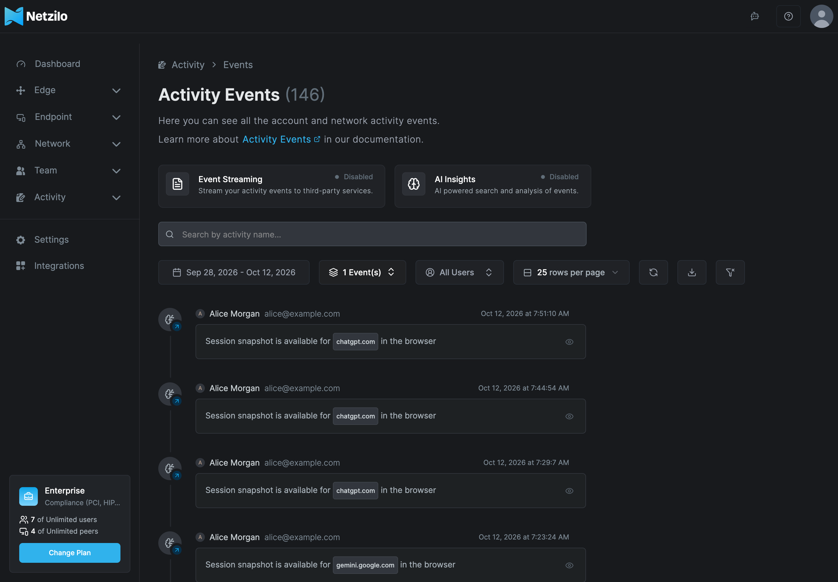 The Activity Events page filtered to Session snapshot, with rows that read Session snapshot is available for chatgpt.com in the browser and an eye icon on each row