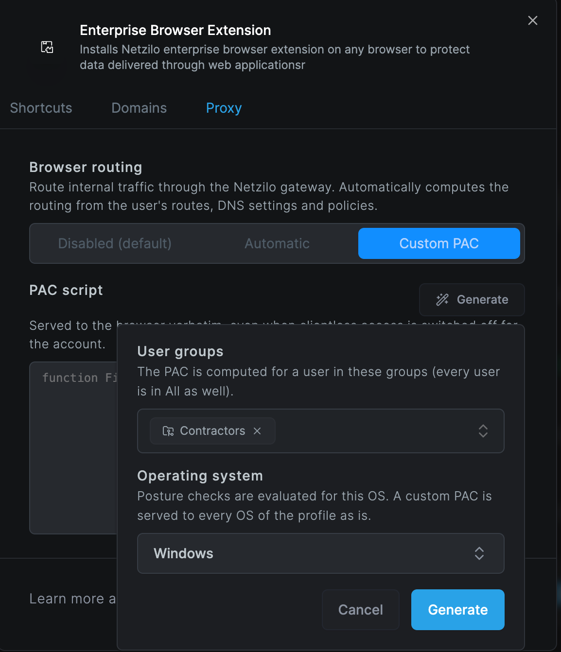 The Generate panel over the Custom PAC editor, with the User groups field set to Contractors and the Operating system field set to Windows