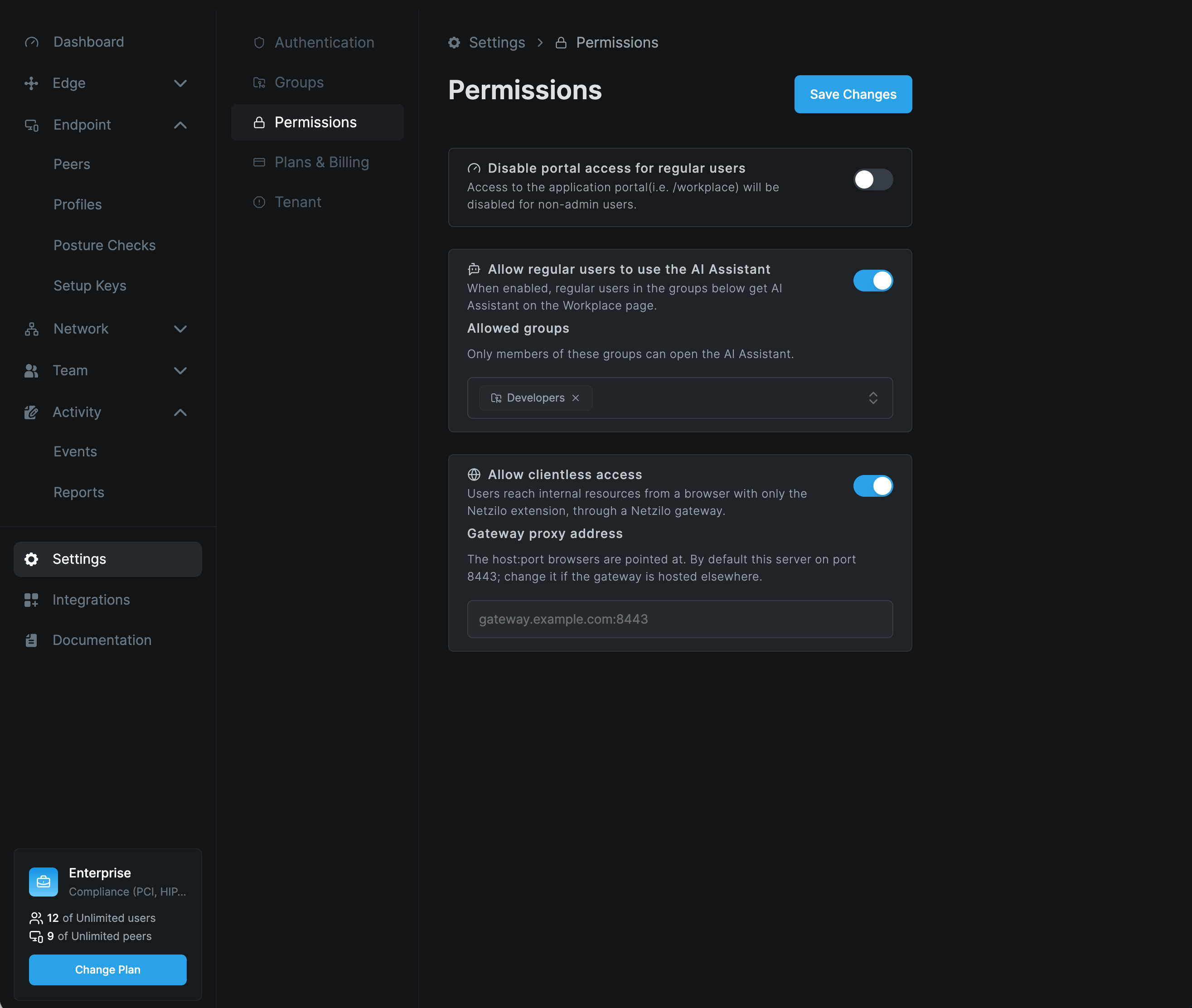 The Permissions page under Settings, with the Allow clientless access switch turned on and the Gateway proxy address field below it