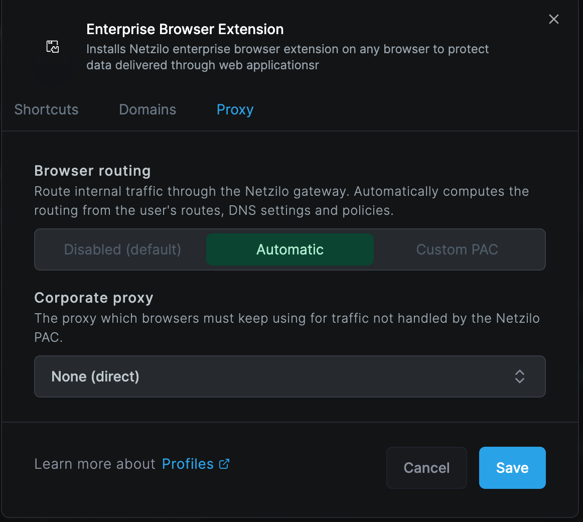 The Proxy tab of the Enterprise Browser Extension in a profile, with Browser routing set to Automatic and Corporate proxy set to None (direct)
