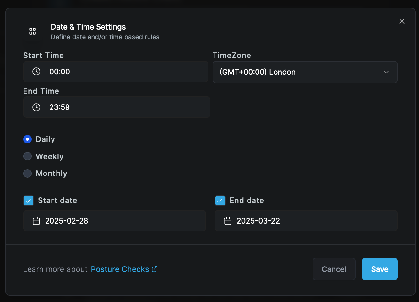 The Date & Time Settings dialog with Start Time, End Time, TimeZone, the Daily, Weekly and Monthly choice, and Start date and End date