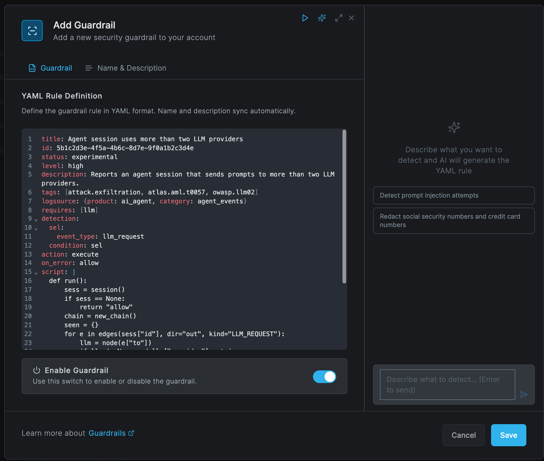 The Add Guardrail dialog on the Guardrail tab with the rule Agent session uses more than two LLM providers in the YAML editor, showing requires: [llm], action: execute and the start of the Starlark script, and the Generate with AI panel on the right