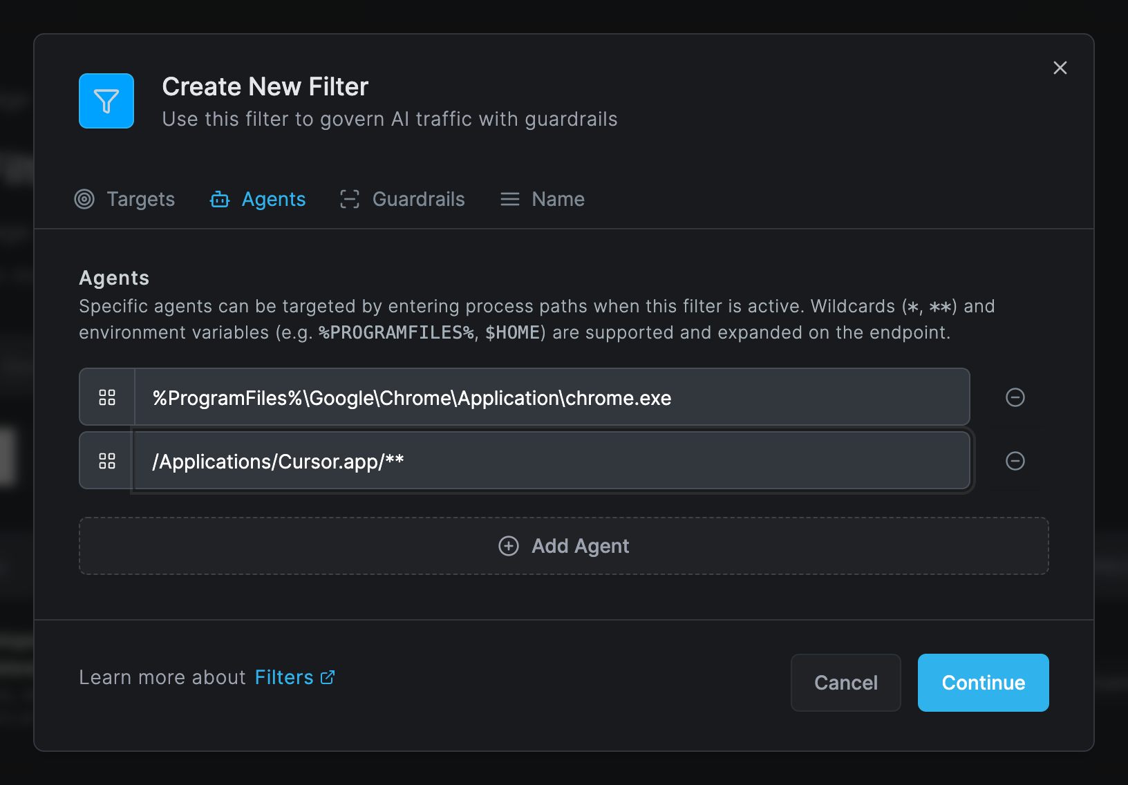 The Create New Filter dialog on the Agents tab with two agent paths: %ProgramFiles%\Google\Chrome\Application\chrome.exe and /Applications/Cursor.app/**