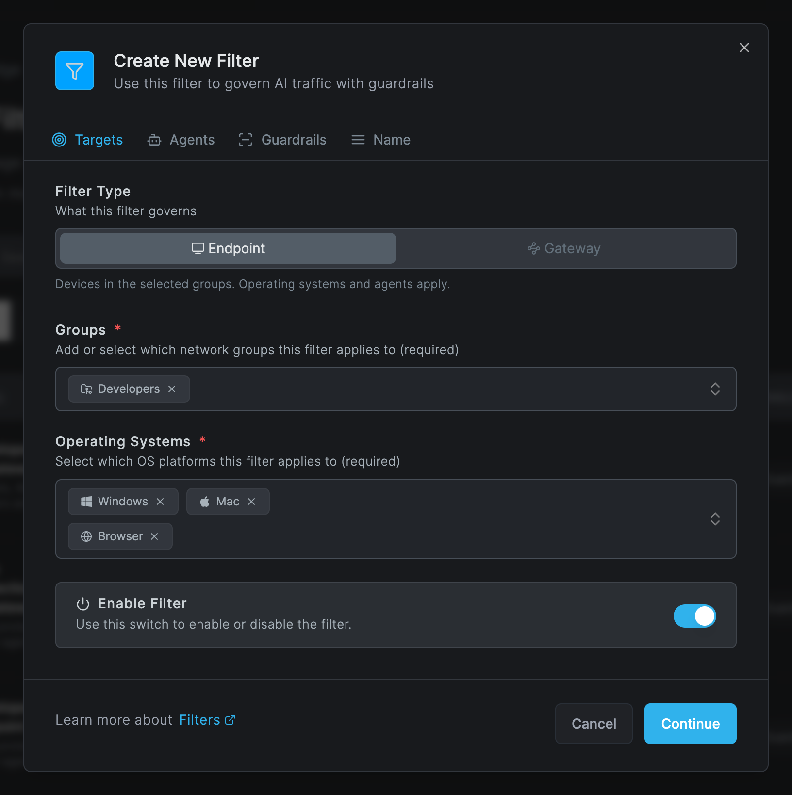 The Create New Filter dialog on the Targets tab with Filter Type Endpoint, the group Developers, and the operating systems Windows, Mac and Browser selected