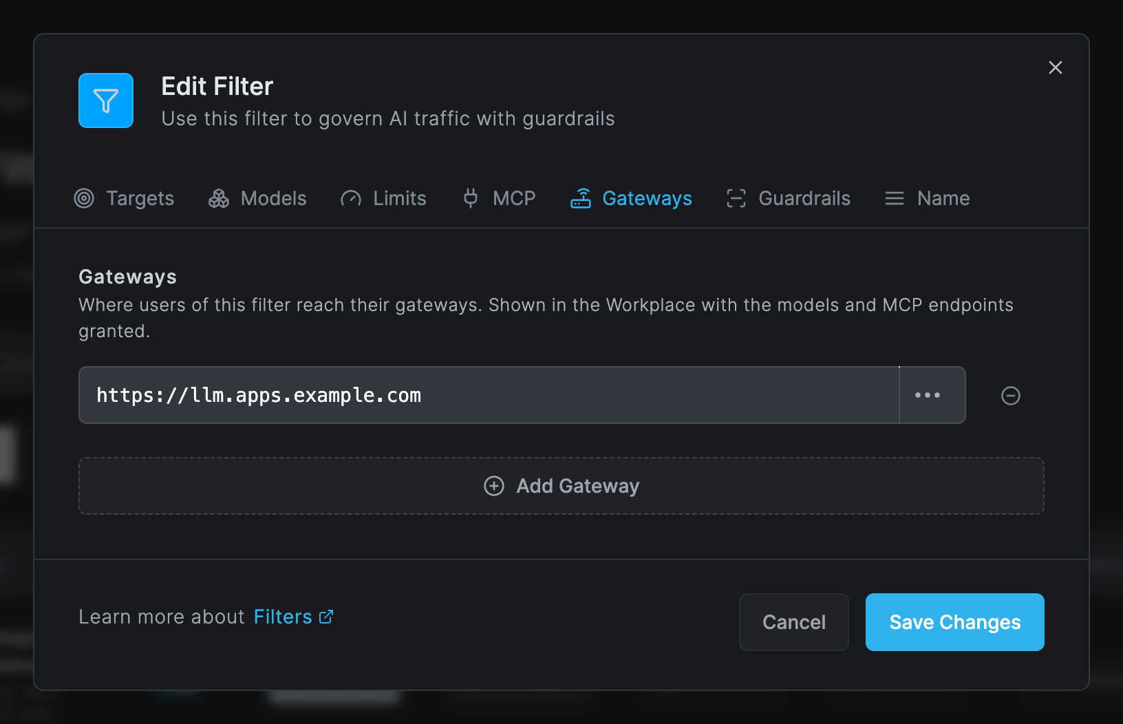 The Edit Filter dialog of a Gateway filter on the Gateways tab, with tabs Targets, Models, Limits, MCP, Gateways, Guardrails and Name, and one gateway address https://llm.apps.example.com