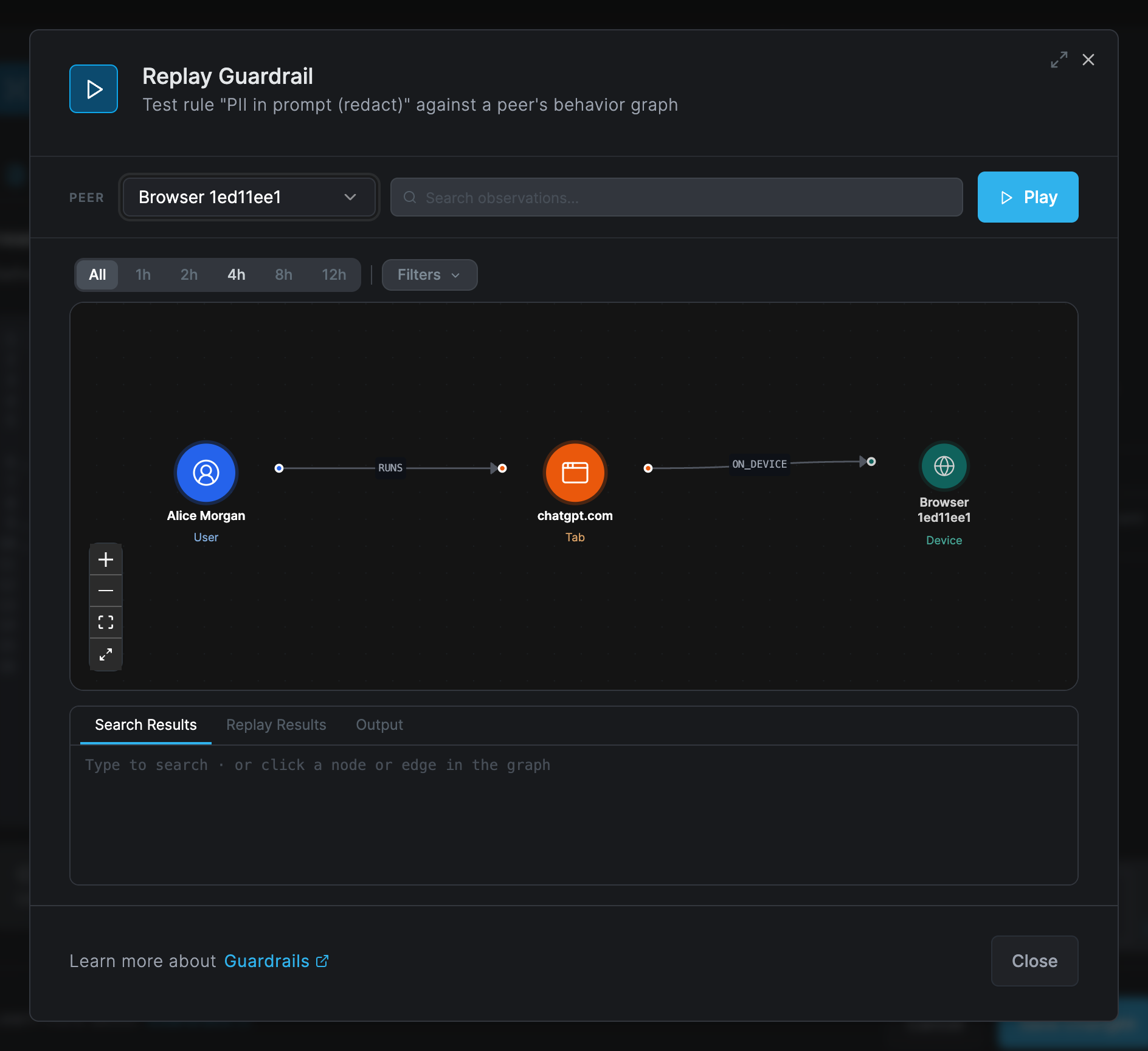 The Replay Guardrail dialog for the rule PII in prompt (redact), with the peer Browser 1ed11ee1 selected, its graph, the Play button, and the tabs Search Results, Replay Results and Output