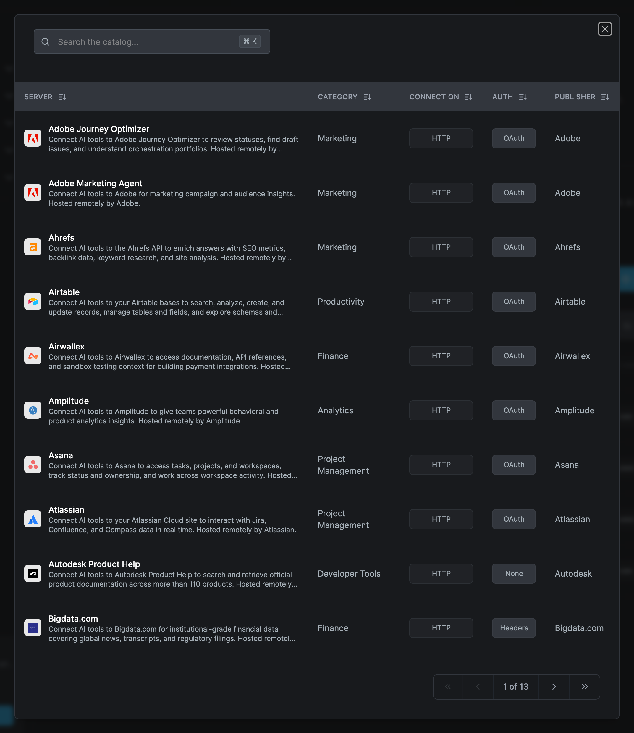 The Browse Catalog dialog with a search field and a table of catalog servers such as Adobe Journey Optimizer, Airtable, Asana and Atlassian, with columns Server, Category, Connection, Auth and Publisher, and a pager reading 1 of 13