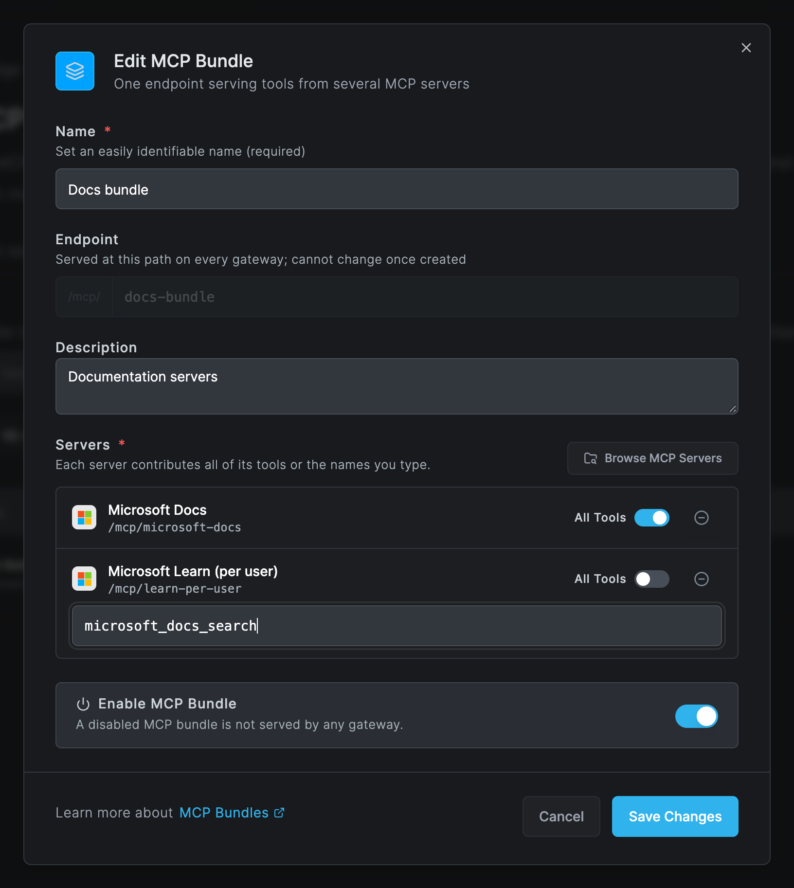 The Edit MCP Bundle dialog with the name Docs bundle, the locked endpoint /mcp/docs-bundle, a description, two servers: Microsoft Docs with All Tools on and Microsoft Learn (per user) with All Tools off and the tool microsoft_docs_search typed, a Browse MCP Servers button and Enable MCP Bundle on