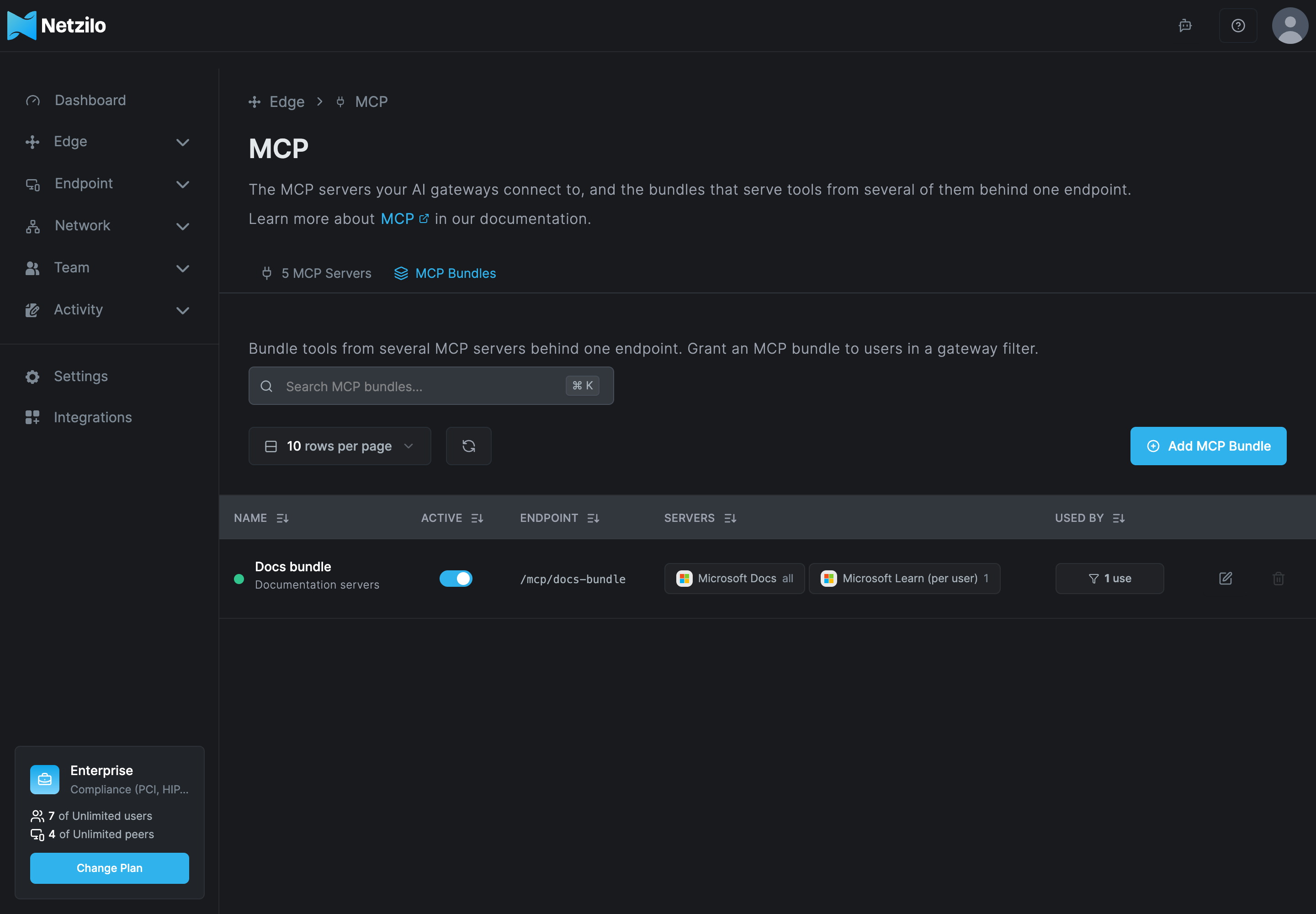 The MCP Bundles tab under Edge > MCP, listing one bundle named Docs bundle with the endpoint /mcp/docs-bundle, its member servers Microsoft Docs with all tools and Microsoft Learn (per user) with one tool, and Used by 1 use