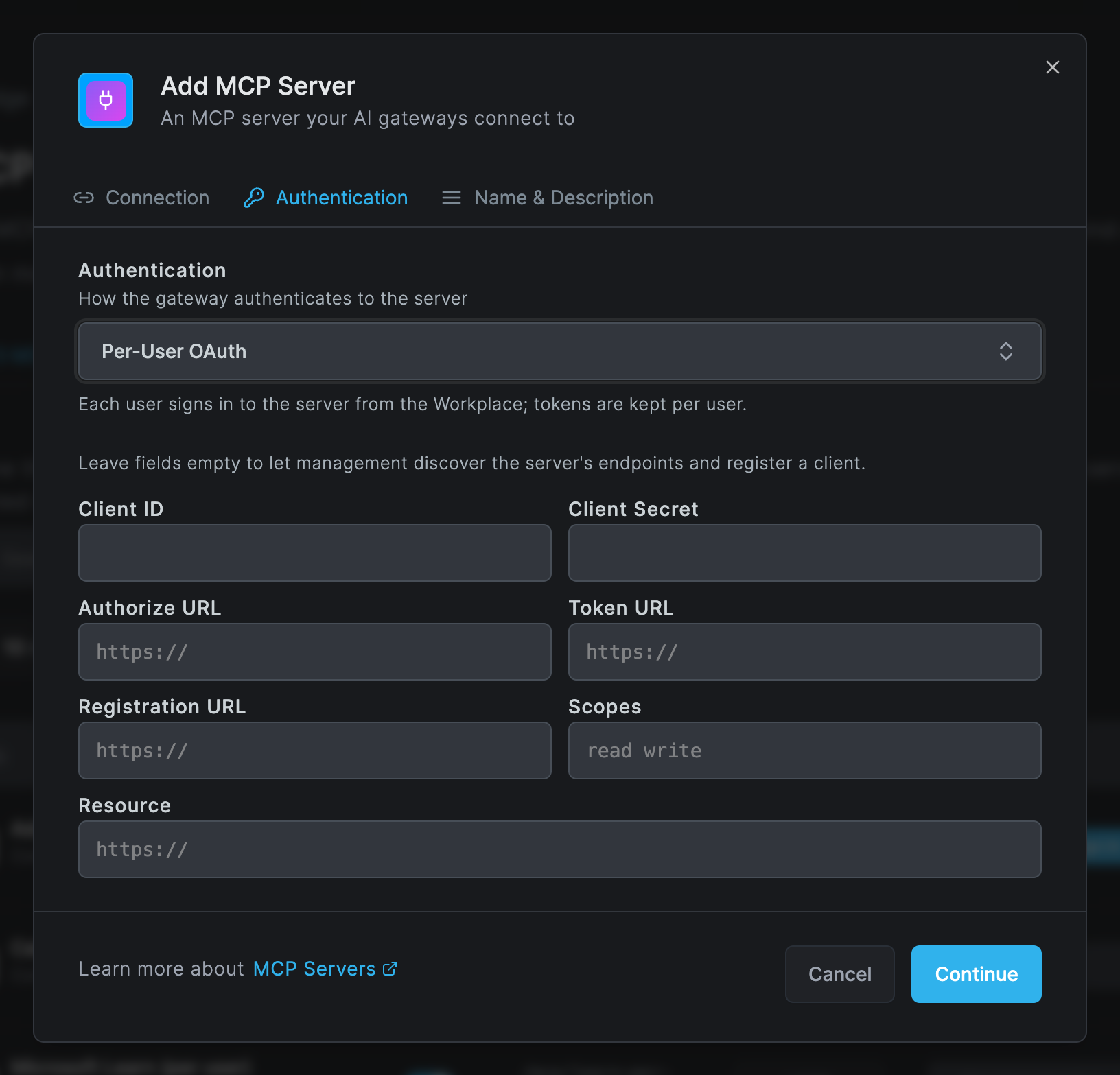 The Authentication tab of the Add MCP Server dialog with Per-User OAuth selected, the help text Each user signs in to the server from the Workplace; tokens are kept per user, and empty OAuth fields Client ID, Client Secret, Authorize URL, Token URL, Registration URL, Scopes and Resource