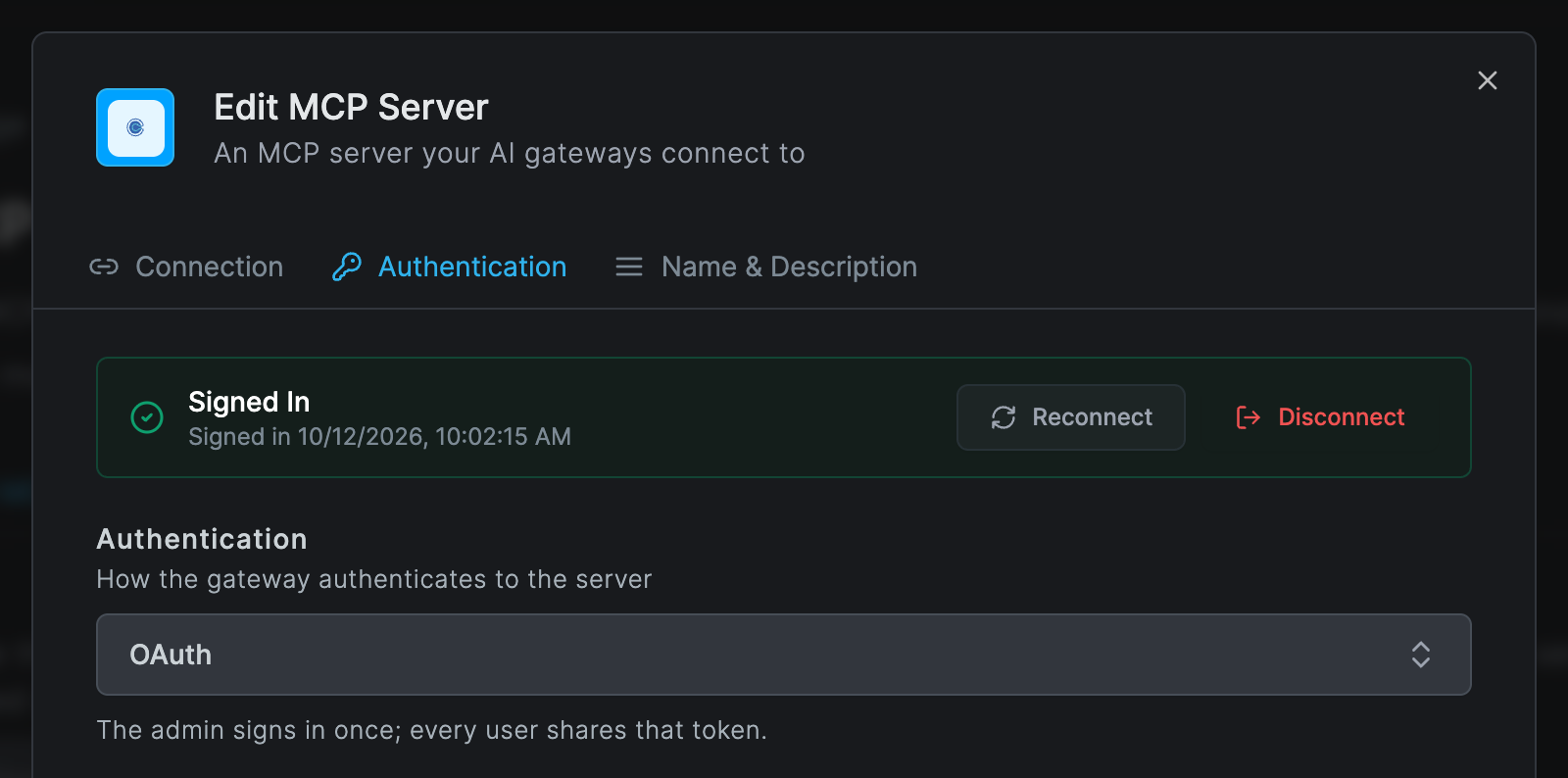 The Authentication tab of the Edit MCP Server dialog for a server of type OAuth, with the Shared Sign-In panel reading Signed In and the sign-in date, and the buttons Reconnect and Disconnect