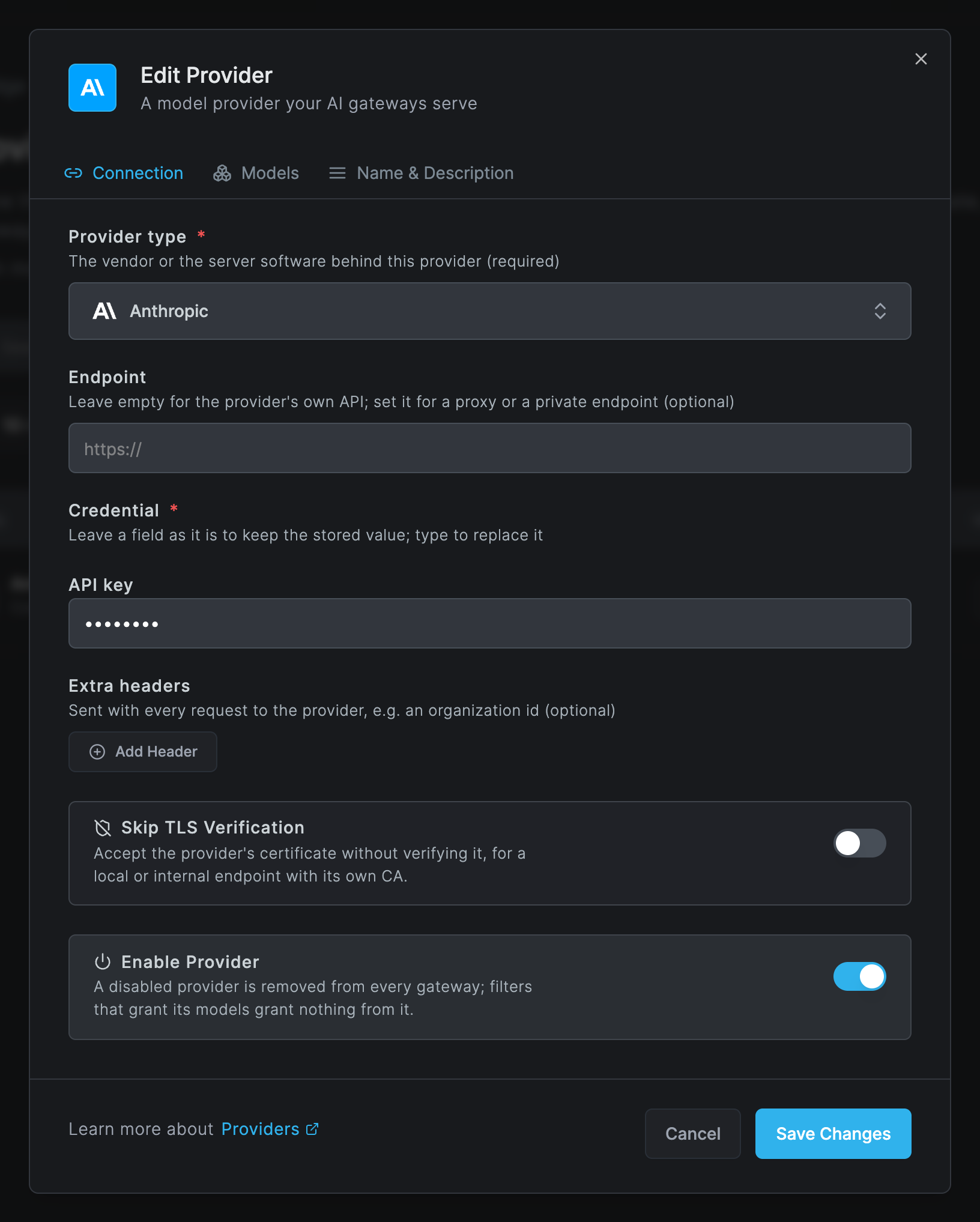 The Edit Provider dialog on the Connection tab, with Provider type Anthropic, an empty Endpoint field, a masked API key under Credential, an Add Header button, Skip TLS Verification off and Enable Provider on