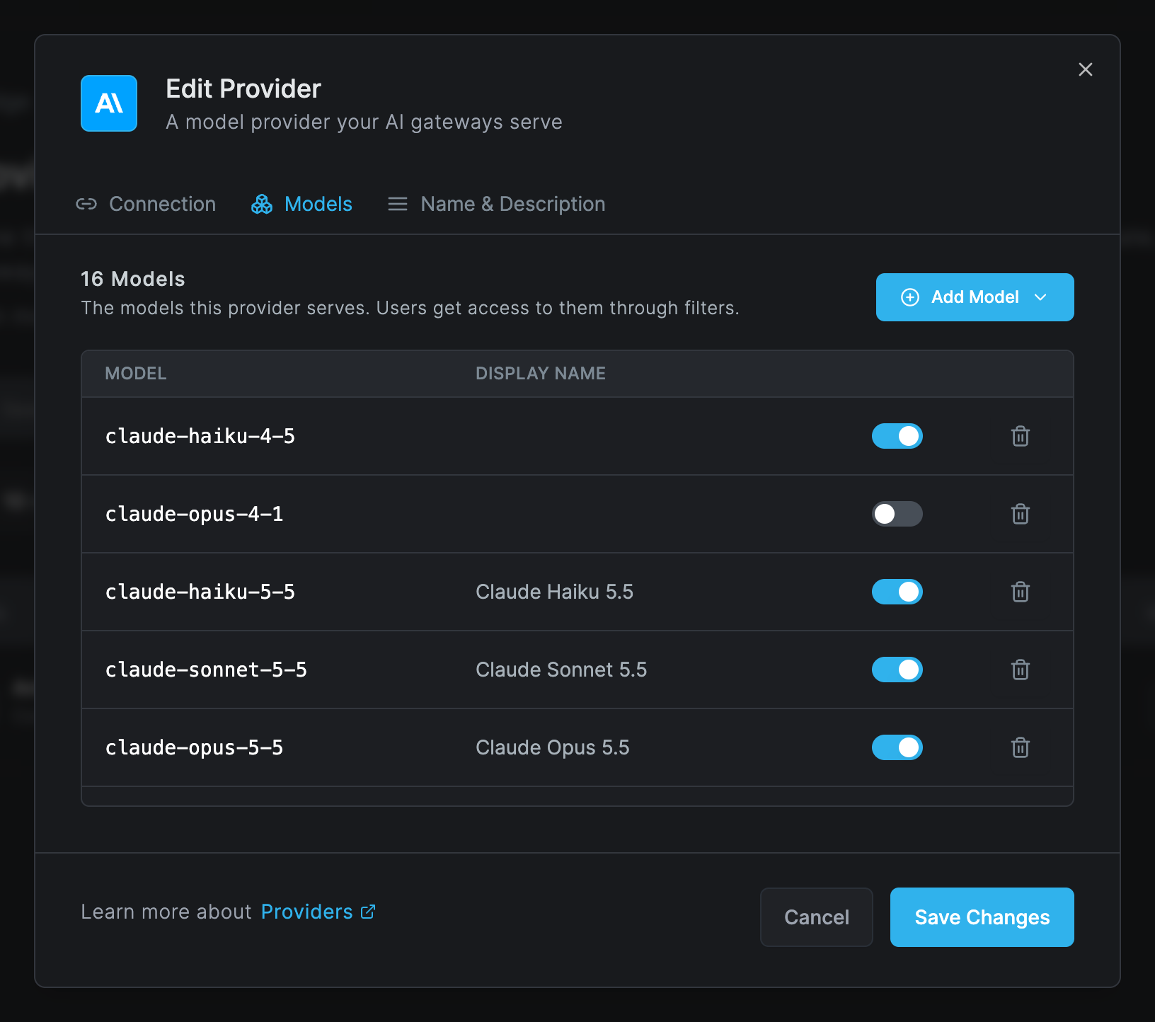 The Models tab of the Edit Provider dialog, headed 16 Models, listing model names such as claude-haiku-4-5 and claude-sonnet-5-5 with display names, an enable switch and a delete icon per row, and the Add Model menu button