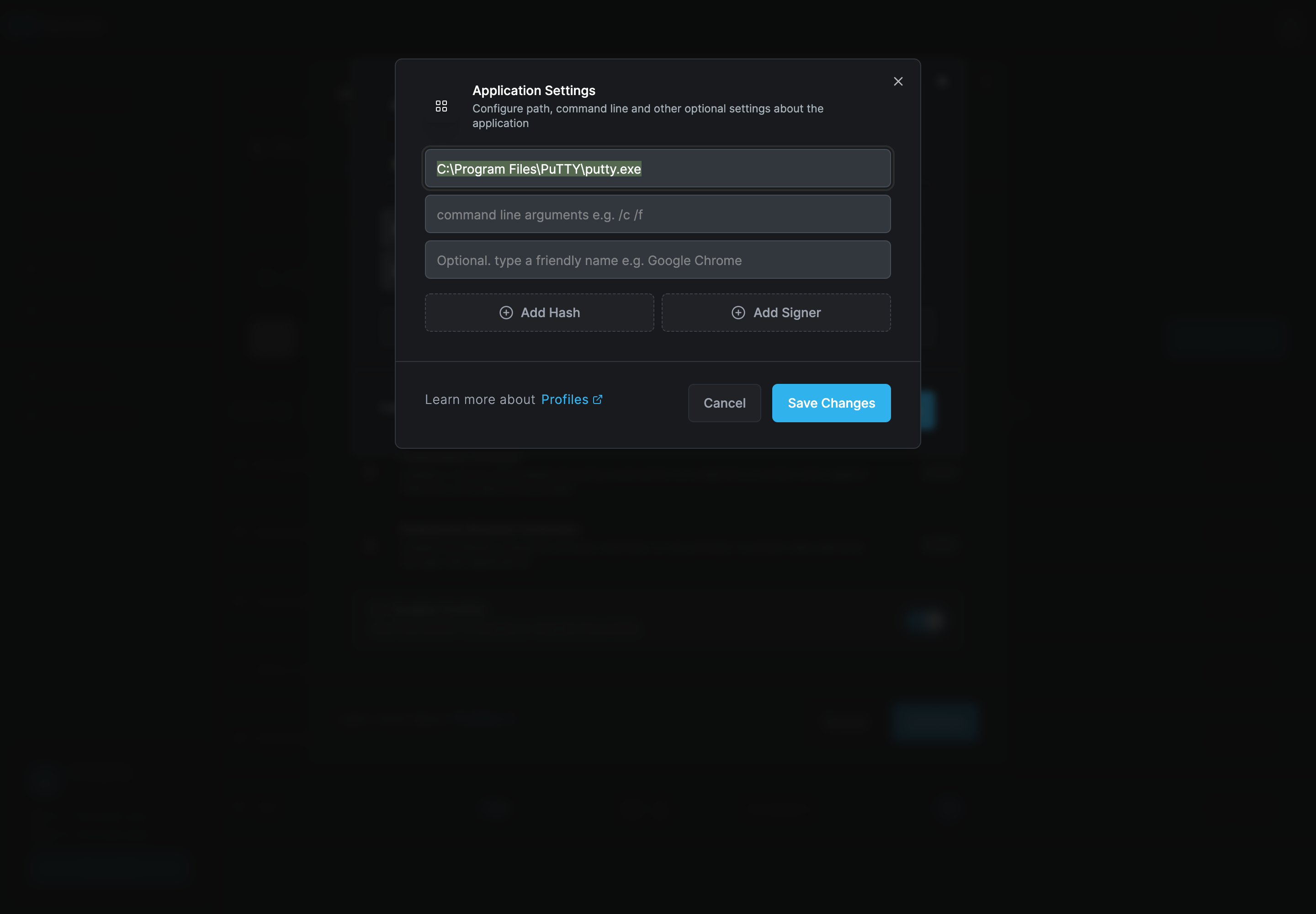 The Application Settings dialog with the path C:\Program Files\PuTTY\putty.exe, empty fields for command line arguments and a friendly name, and Add Hash and Add Signer buttons