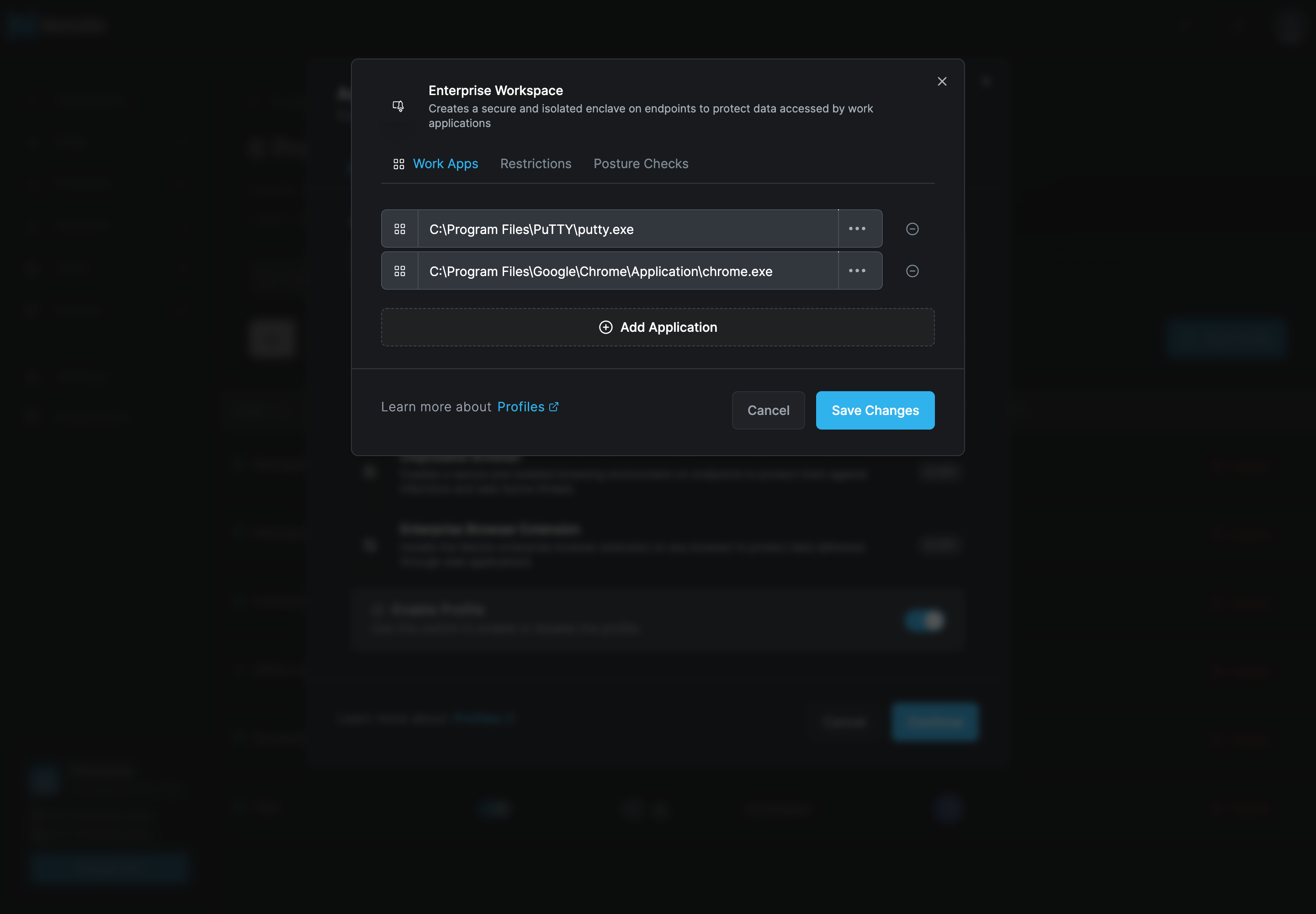 The Enterprise Workspace dialog on the Work Apps tab, listing two work apps by path, C:\Program Files\PuTTY\putty.exe and C:\Program Files\Google\Chrome\Application\chrome.exe, each with a ⋯ button and a remove button, and an Add Application button