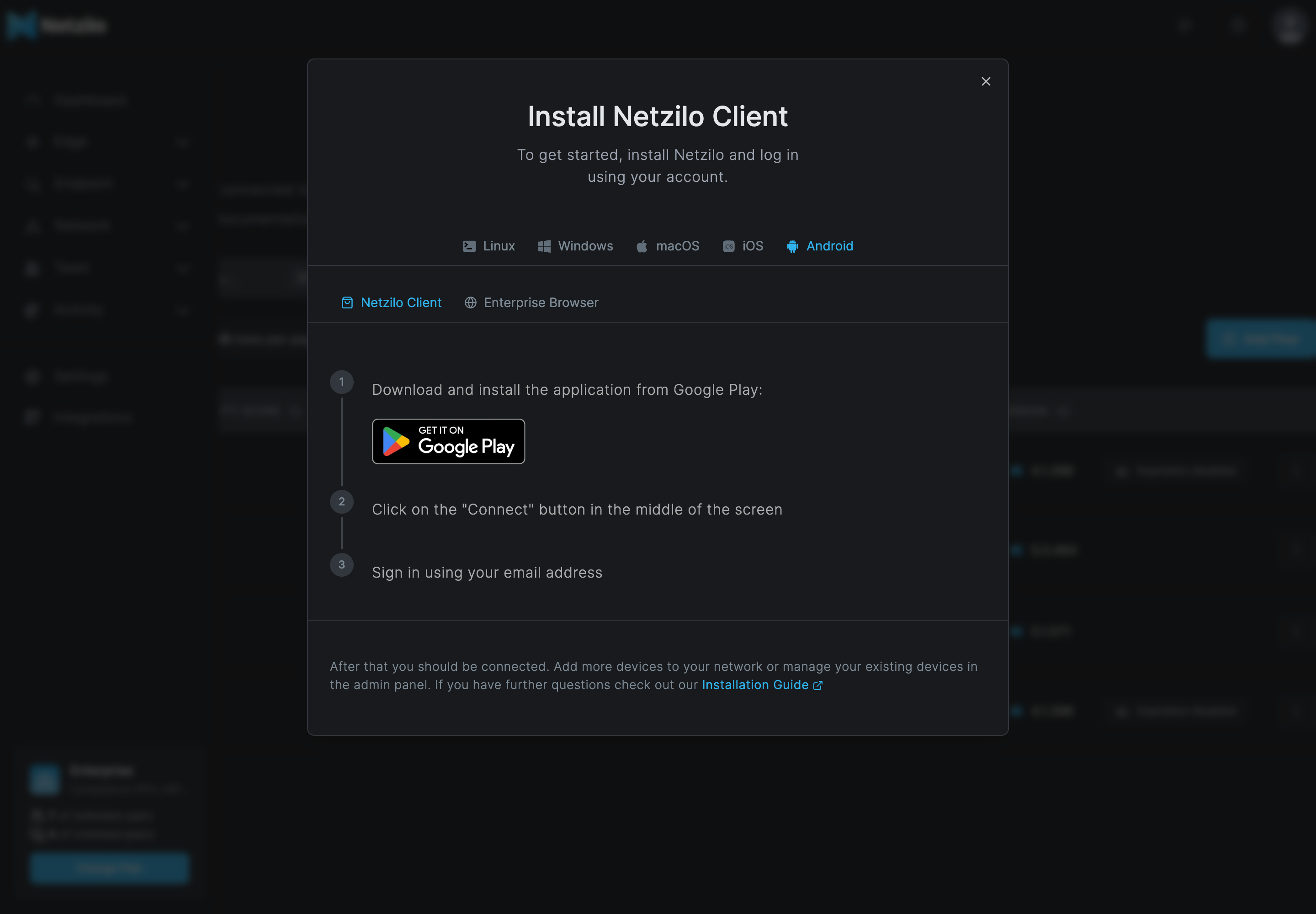 The Add Peer dialog on the Android tab, Netzilo Client sub-tab, with the Google Play badge and the steps Connect and Sign in