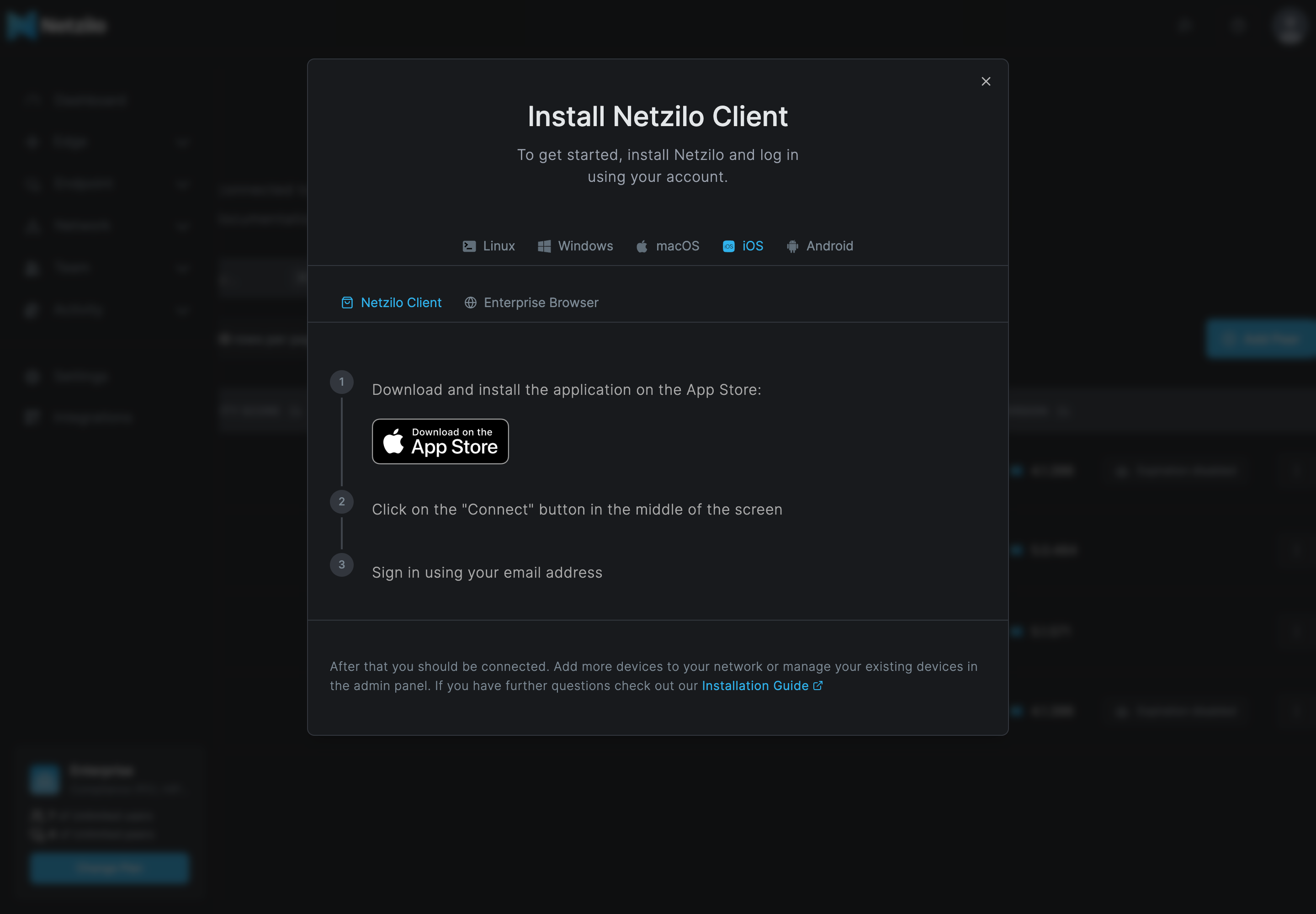 The Add Peer dialog on the iOS tab, Netzilo Client sub-tab, with the App Store badge and the steps Connect and Sign in