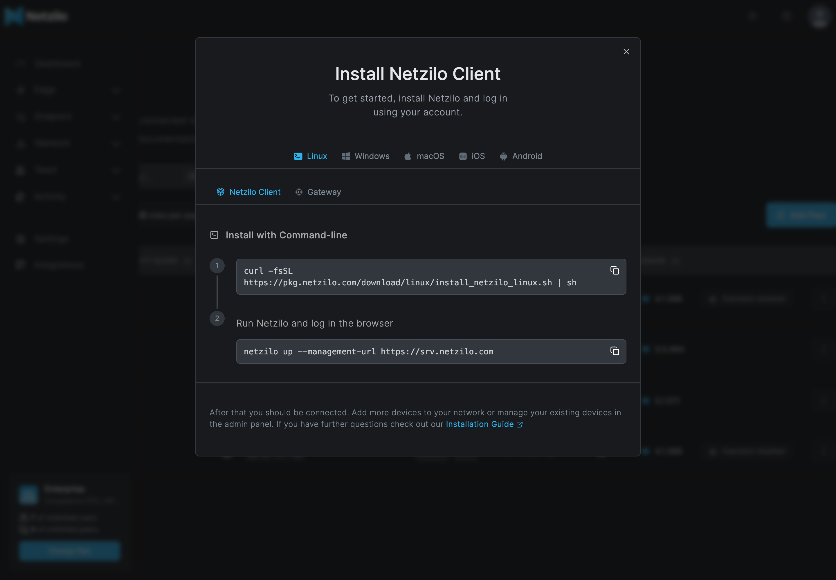 The Add Peer dialog on the Linux tab, Netzilo Client sub-tab, with the install one-liner and the netzilo up command