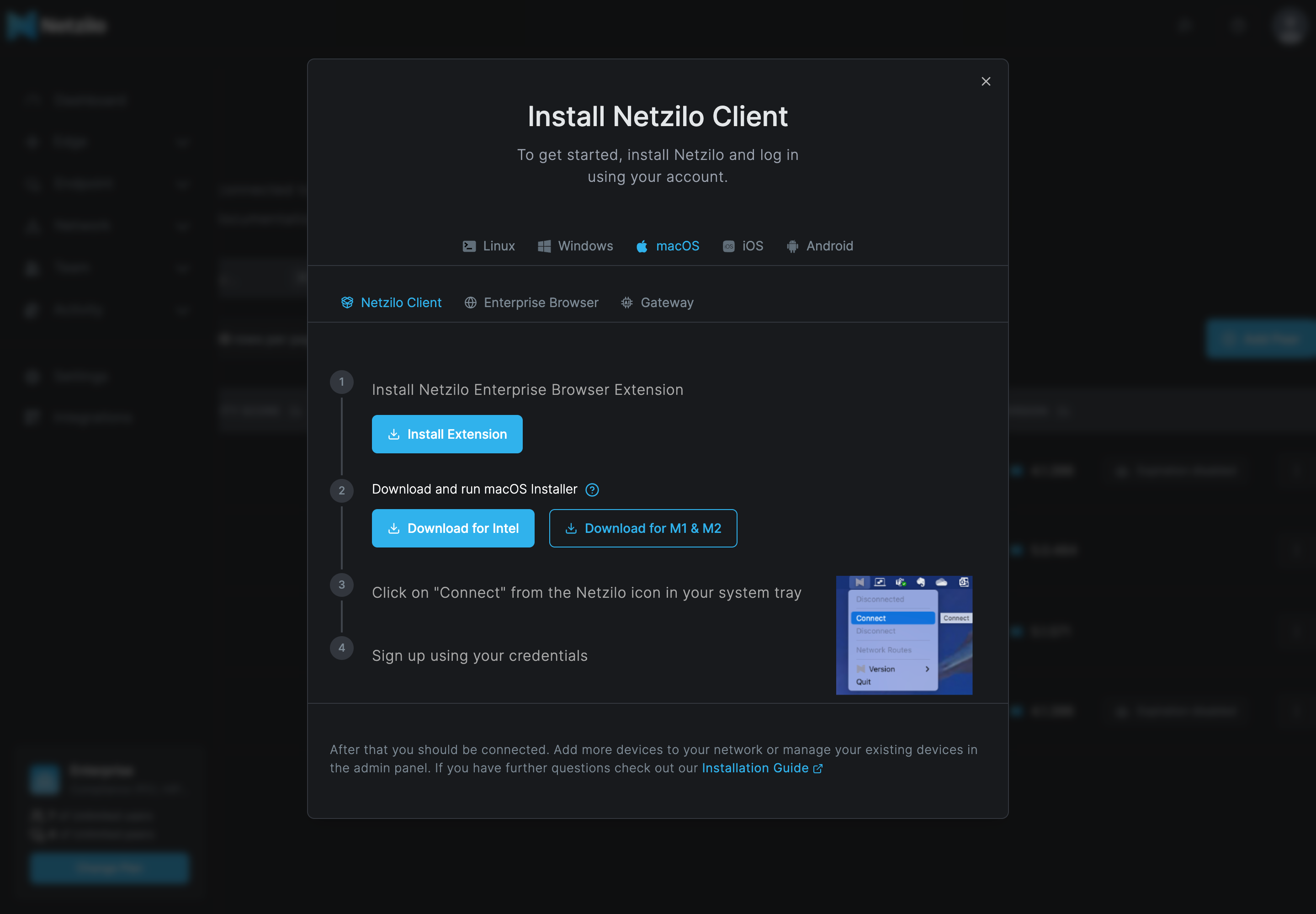 The Add Peer dialog on the macOS tab, Netzilo Client sub-tab, with Install Extension and the Download for Intel and Download for M1 & M2 buttons