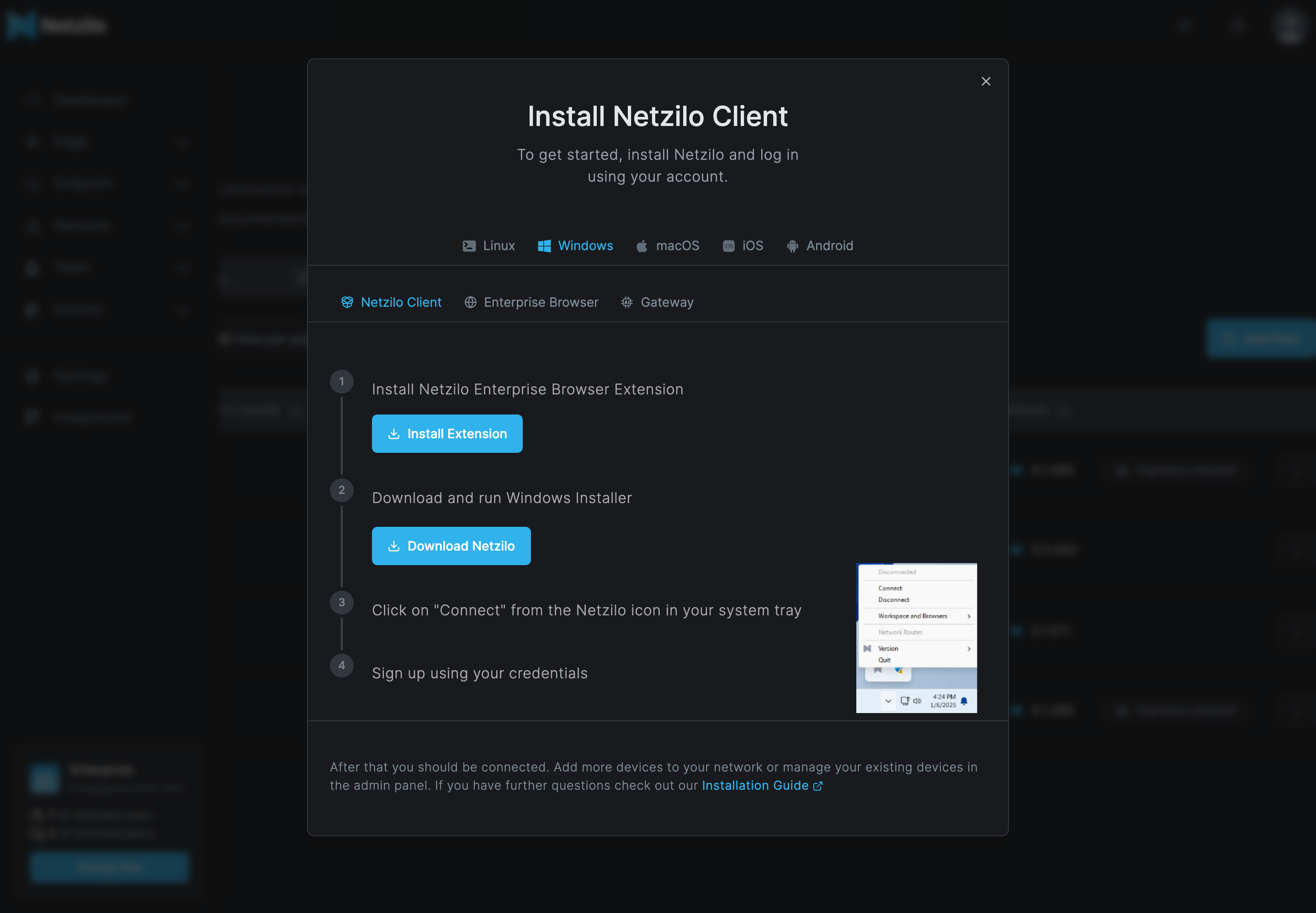 The Add Peer dialog on the Windows tab, Netzilo Client sub-tab, with the steps Install Extension, Download Netzilo, Connect from the tray and Sign up
