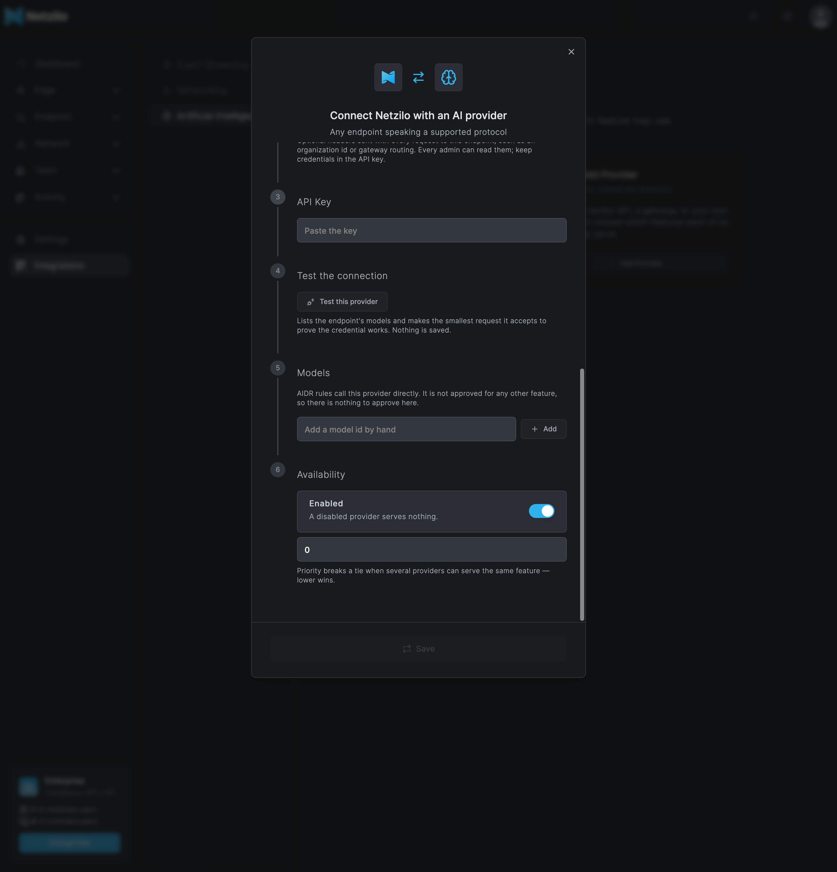 The Add Provider dialog with the TypeSafe (System One) preset, showing the Models step with the note that AIDR rules call this provider directly and nothing needs approval