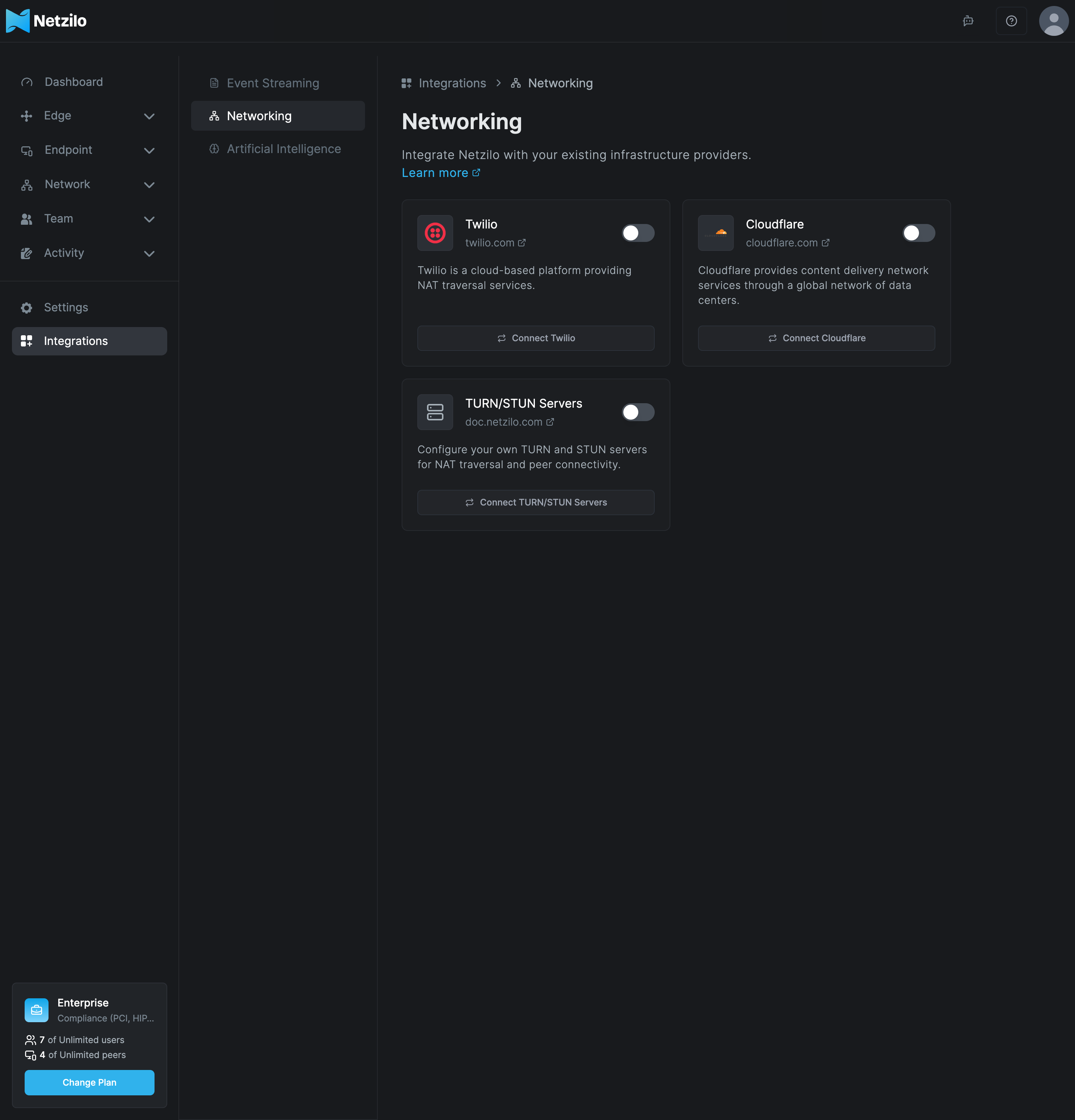 The Networking tab under Integrations, with the Twilio, Cloudflare and TURN/STUN Servers cards, each with a switch and a Connect button