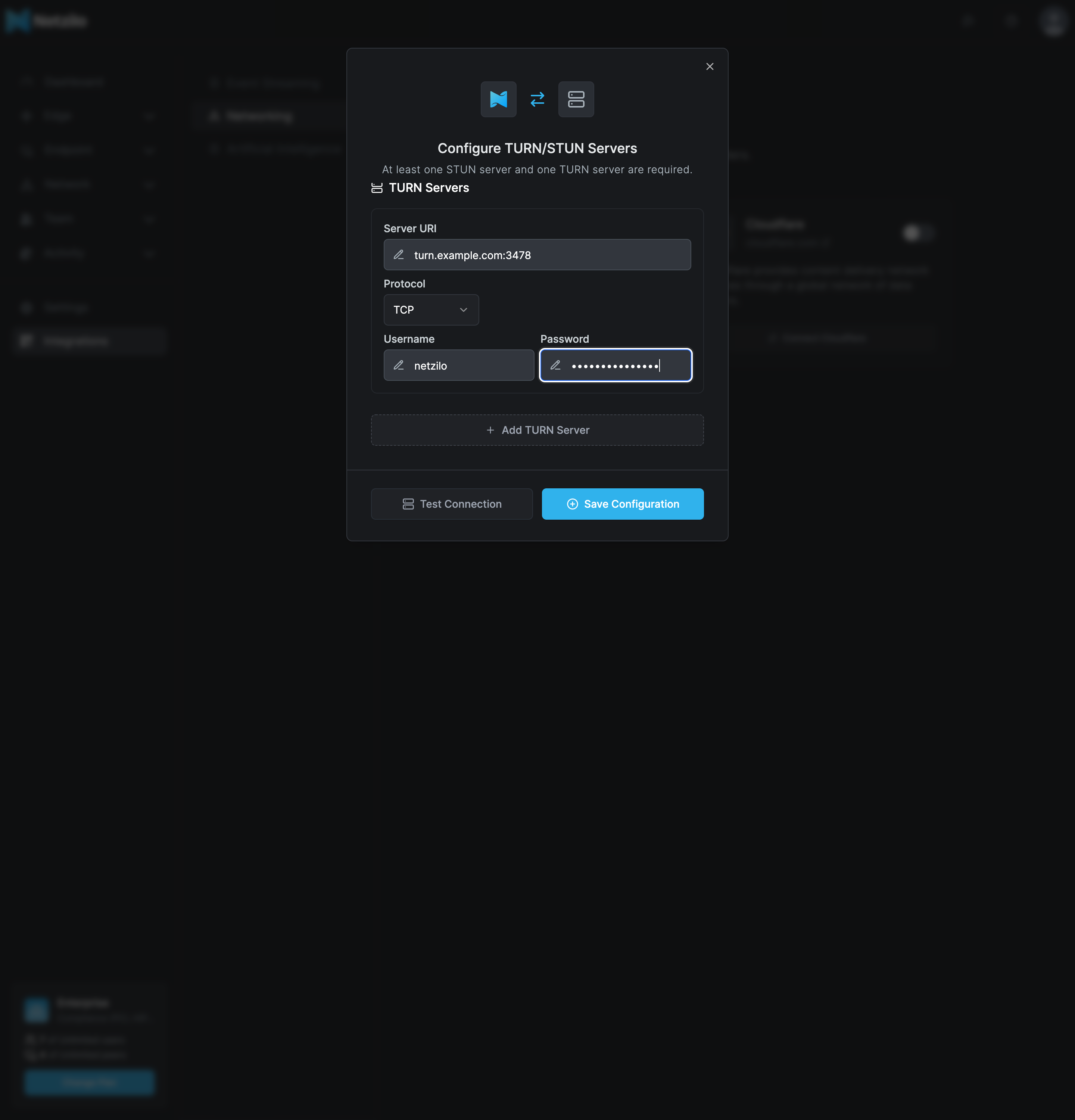 The dialog Configure TURN/STUN Servers scrolled to the TURN Servers section, with turn.example.com:3478, protocol TCP, a username and a password entered, and the buttons Test Connection and Save Configuration