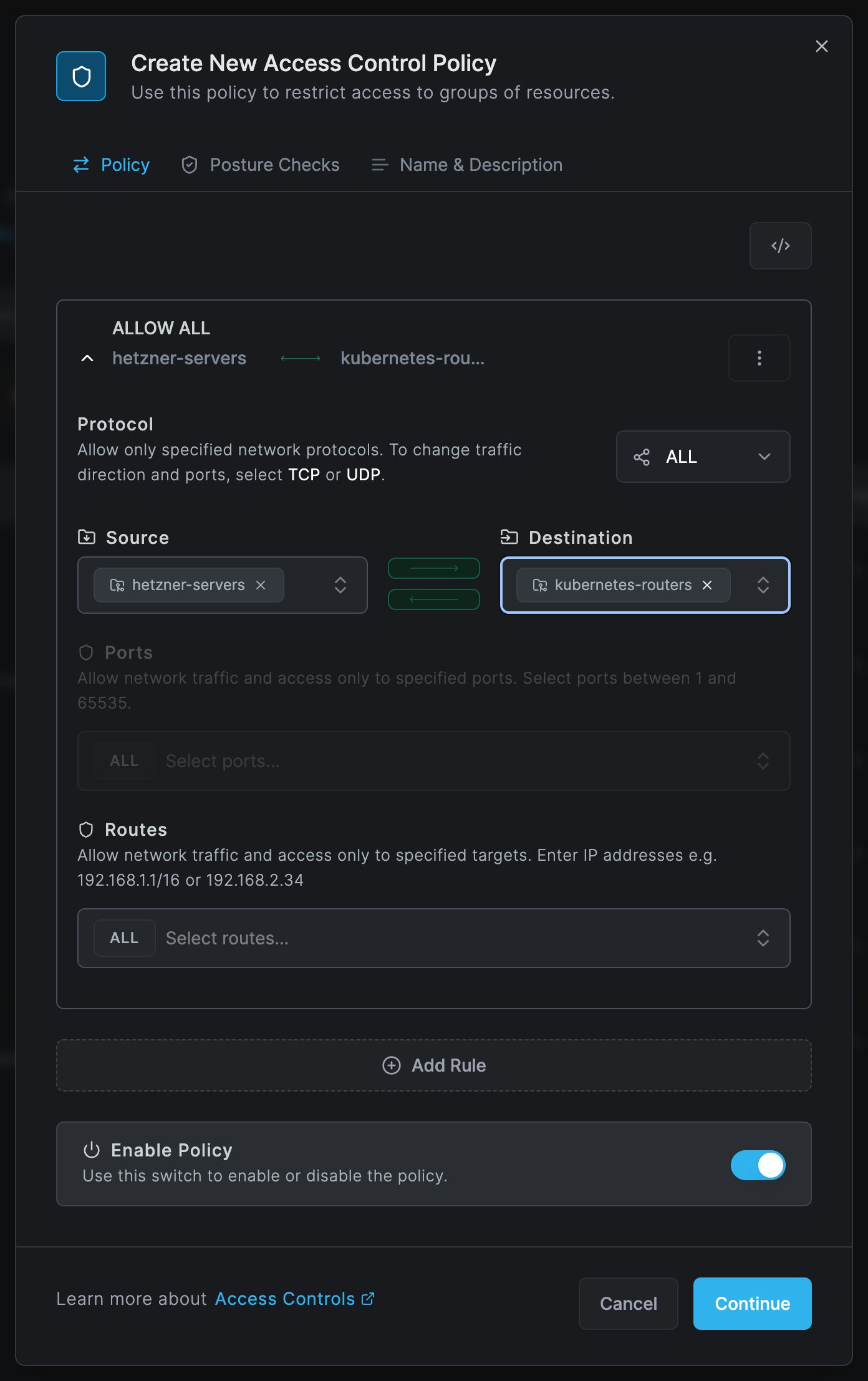The Create New Access Control Policy dialog with protocol ALL, source hetzner-servers, both direction arrows on, and destination kubernetes-routers