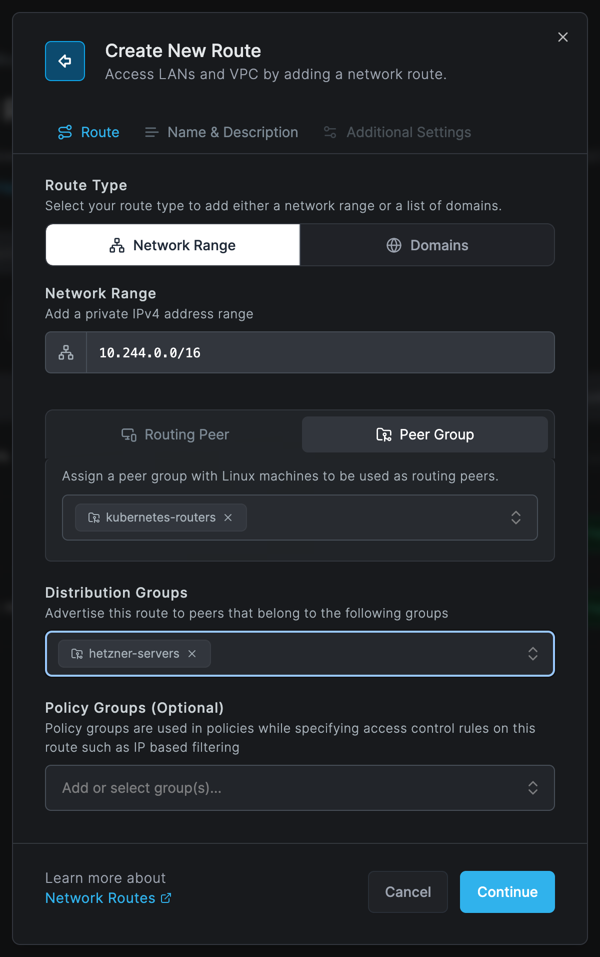 The Create New Route dialog with network range 10.244.0.0/16, Peer Group kubernetes-routers and distribution group hetzner-servers