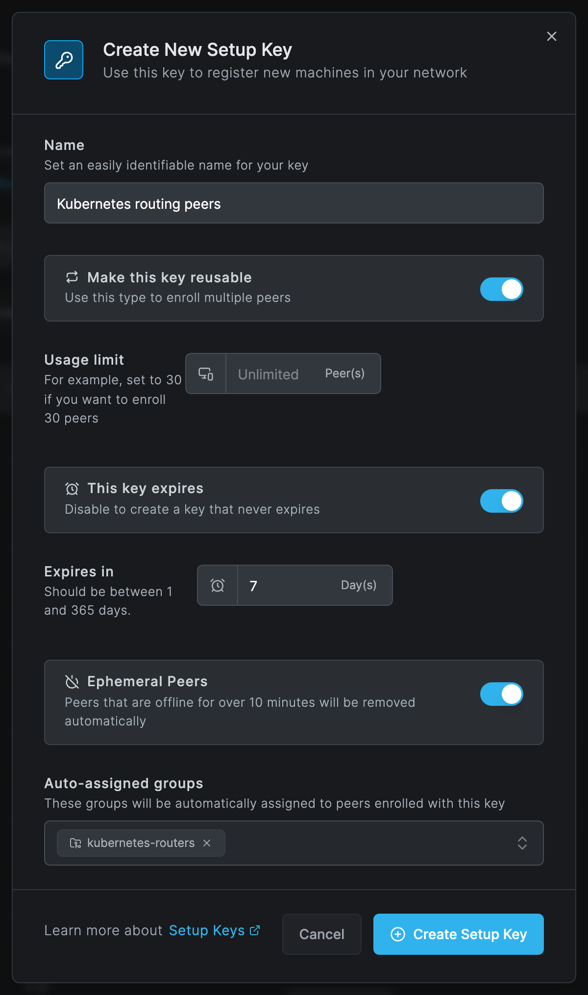 The Create New Setup Key dialog with the name Kubernetes routing peers, Make this key reusable on, usage limit Unlimited, expiry 7 days, Ephemeral Peers on and the auto-assigned group kubernetes-routers
