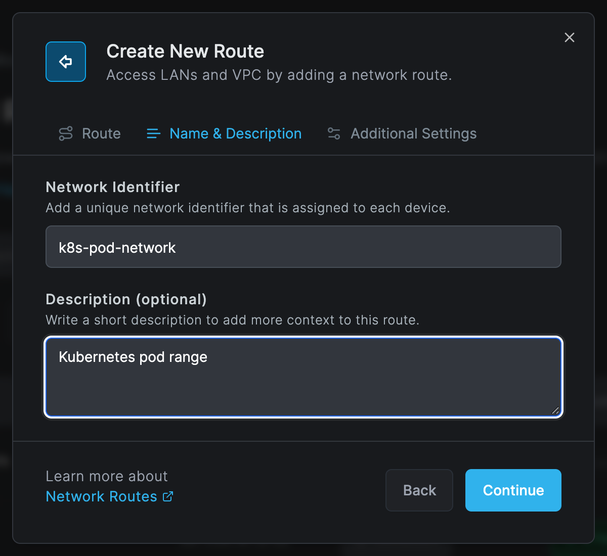 The Name & Description tab of the route with Network Identifier k8s-pod-network and the description Kubernetes pod range