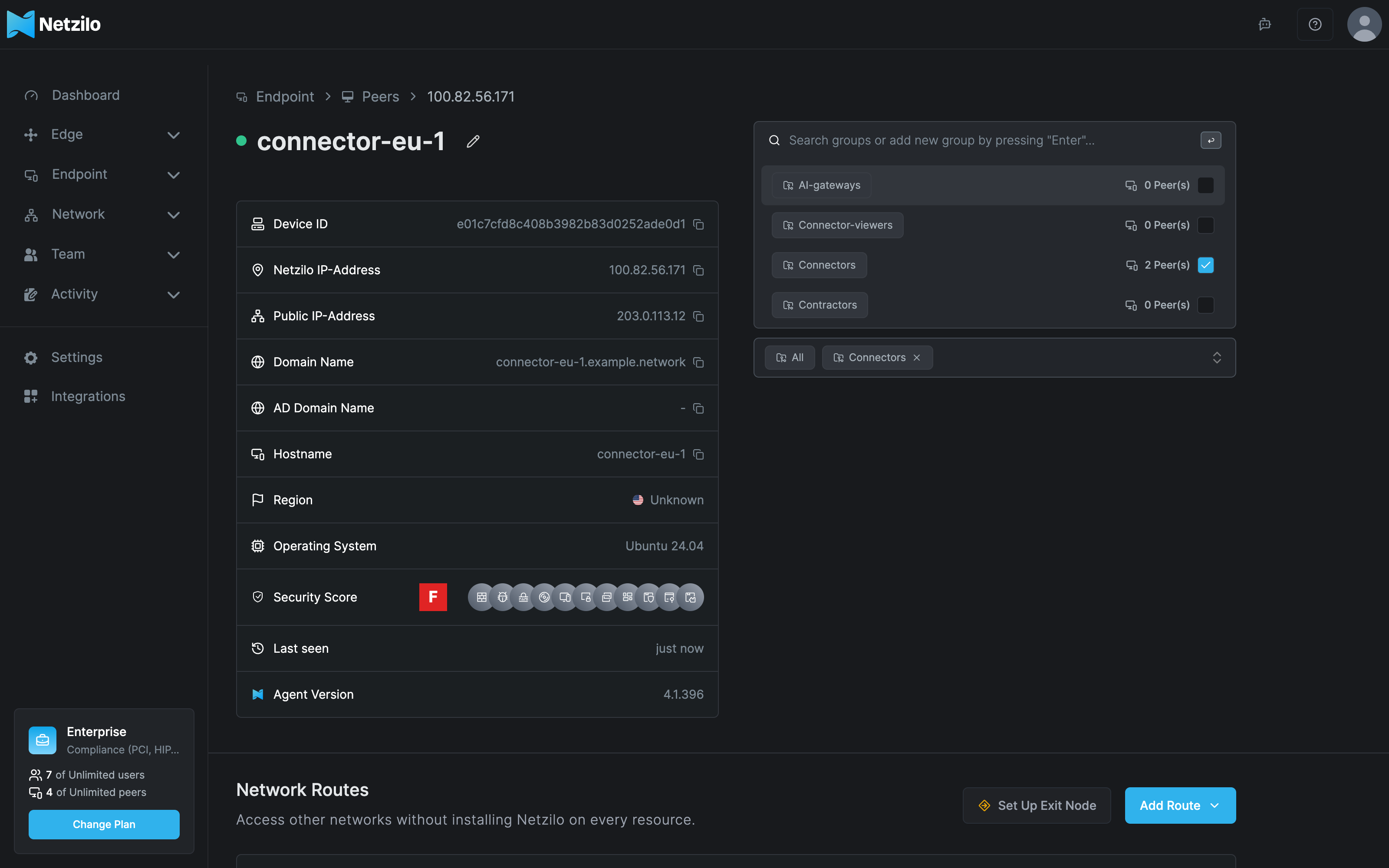 A peer's page with the Assigned Groups selector open, listing the groups AI-gateways, Connector-viewers, Connectors and Contractors with their peer counts, Connectors ticked