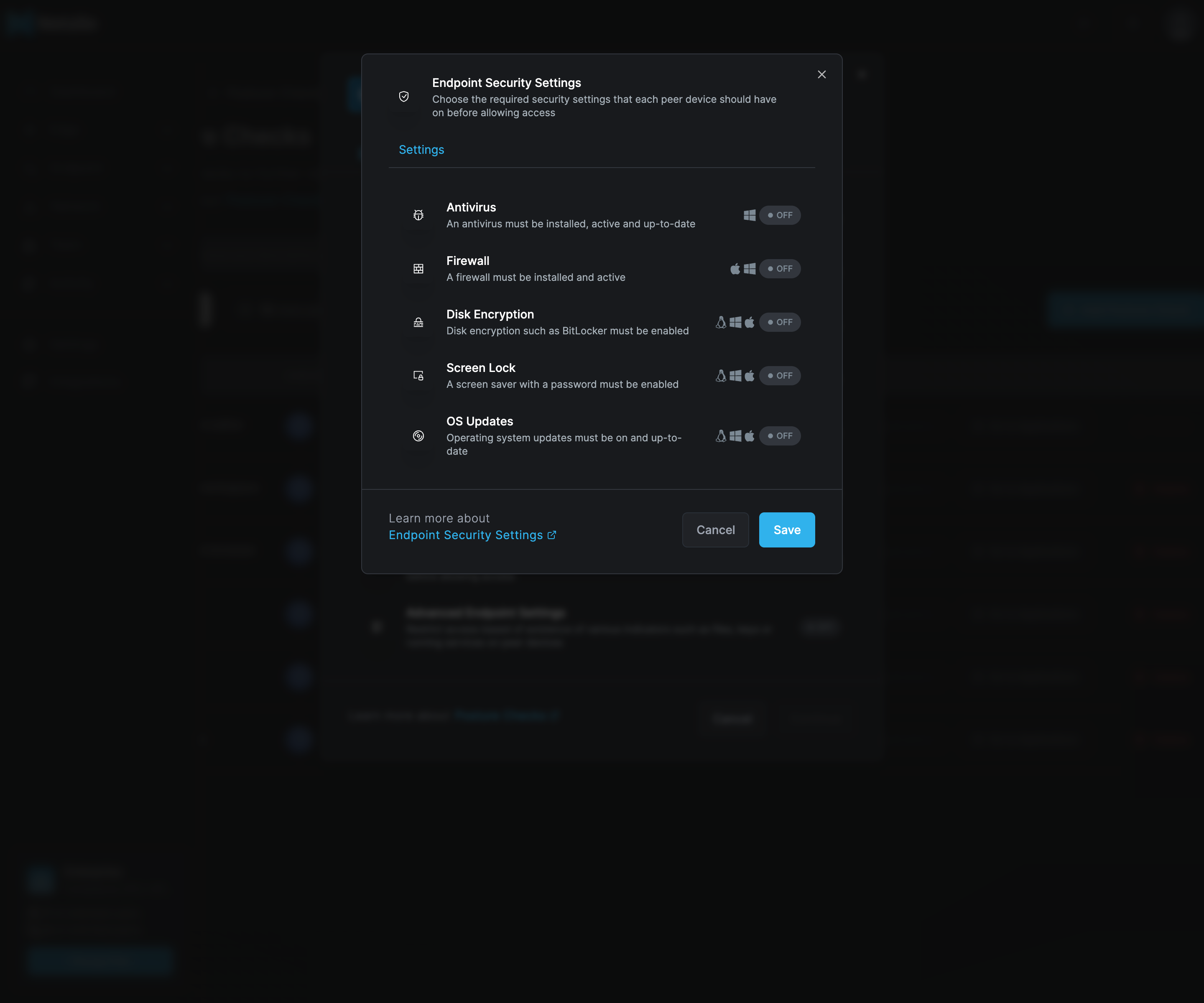 The Endpoint Security Settings dialog listing Antivirus, Firewall, Disk Encryption, Screen Lock and OS Updates, each with its operating system icons and an OFF pill