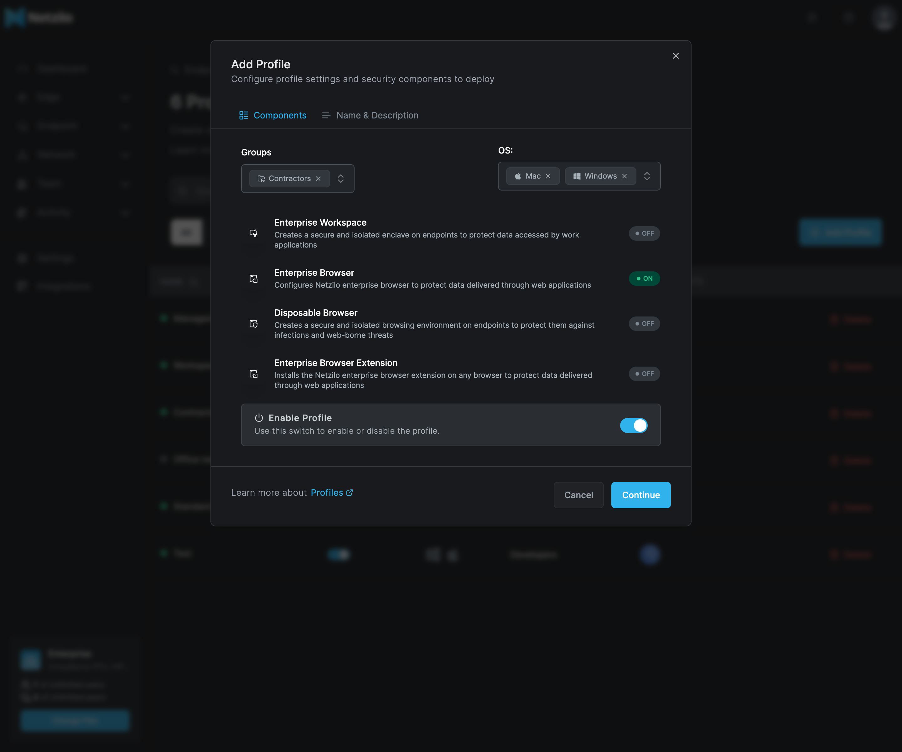The Add Profile dialog on the Components tab, with the group Contractors, the operating systems Mac and Windows, the four component cards Enterprise Workspace, Enterprise Browser, Disposable Browser and Enterprise Browser Extension with Enterprise Browser ON, and the Enable Profile switch on