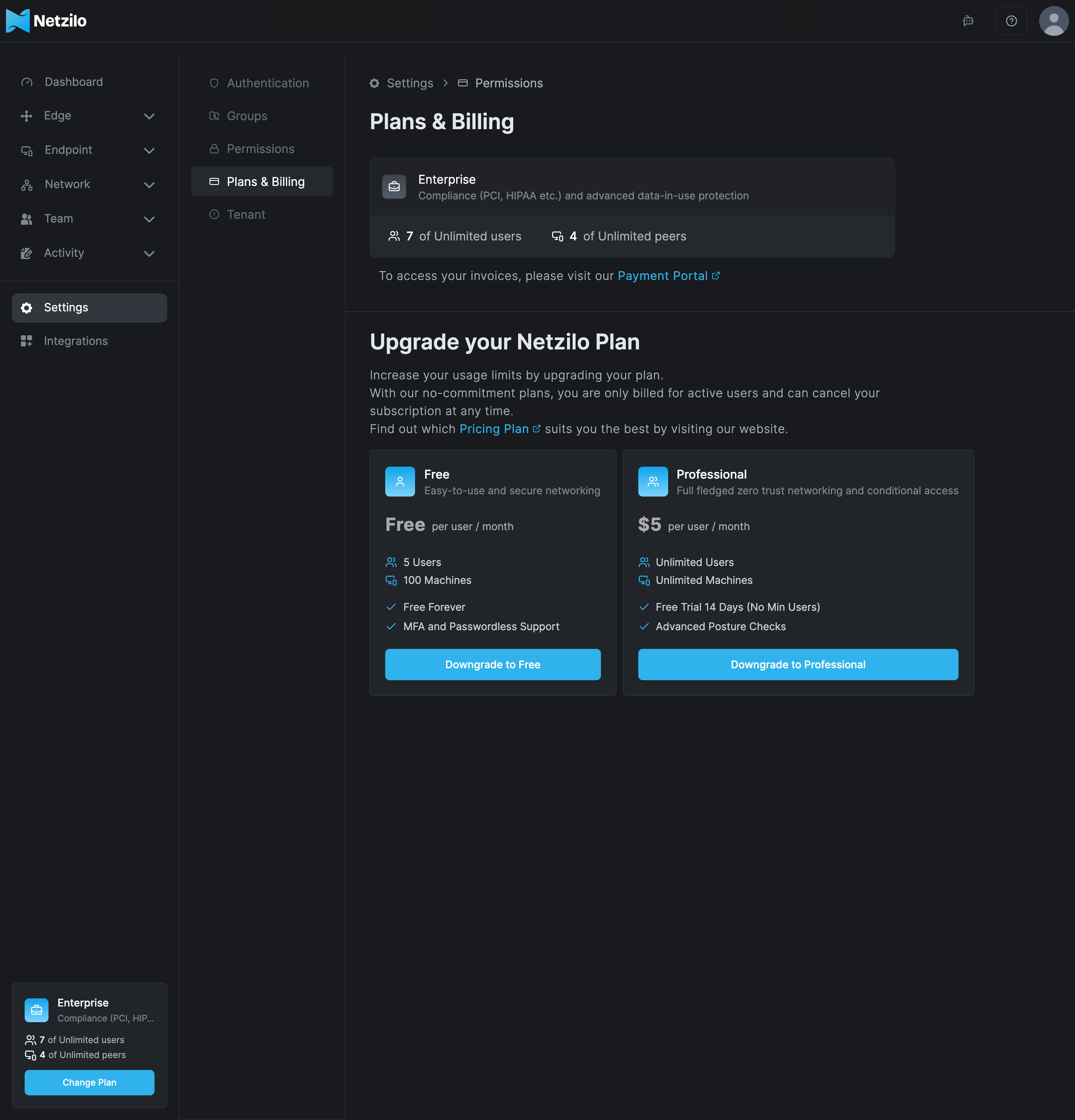 The Plans & Billing tab on an Enterprise account, with the current plan card showing 7 of Unlimited users and 4 of Unlimited peers, the Payment Portal link, and cards to change to Free or Professional