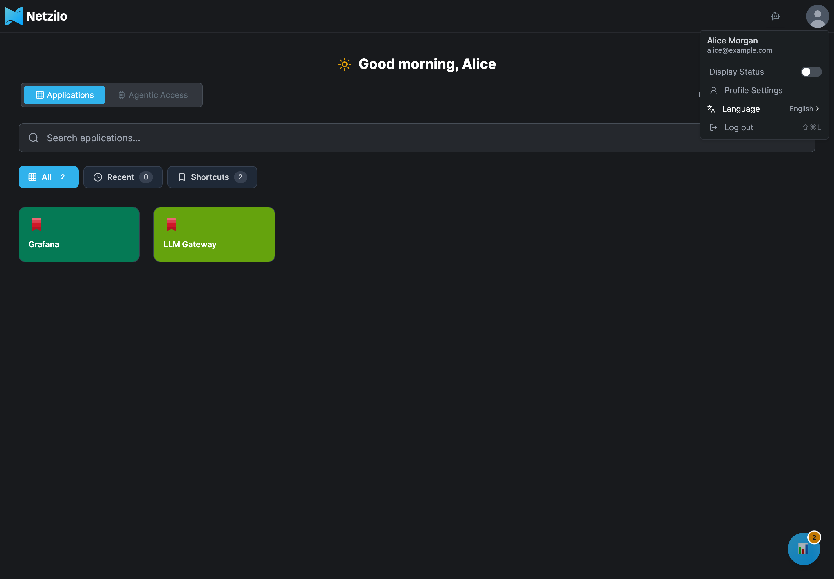 The user menu open over the Workplace, showing the name Alice Morgan and alice@example.com, then Display Status with a switch, Profile Settings, Language set to English, and Log out