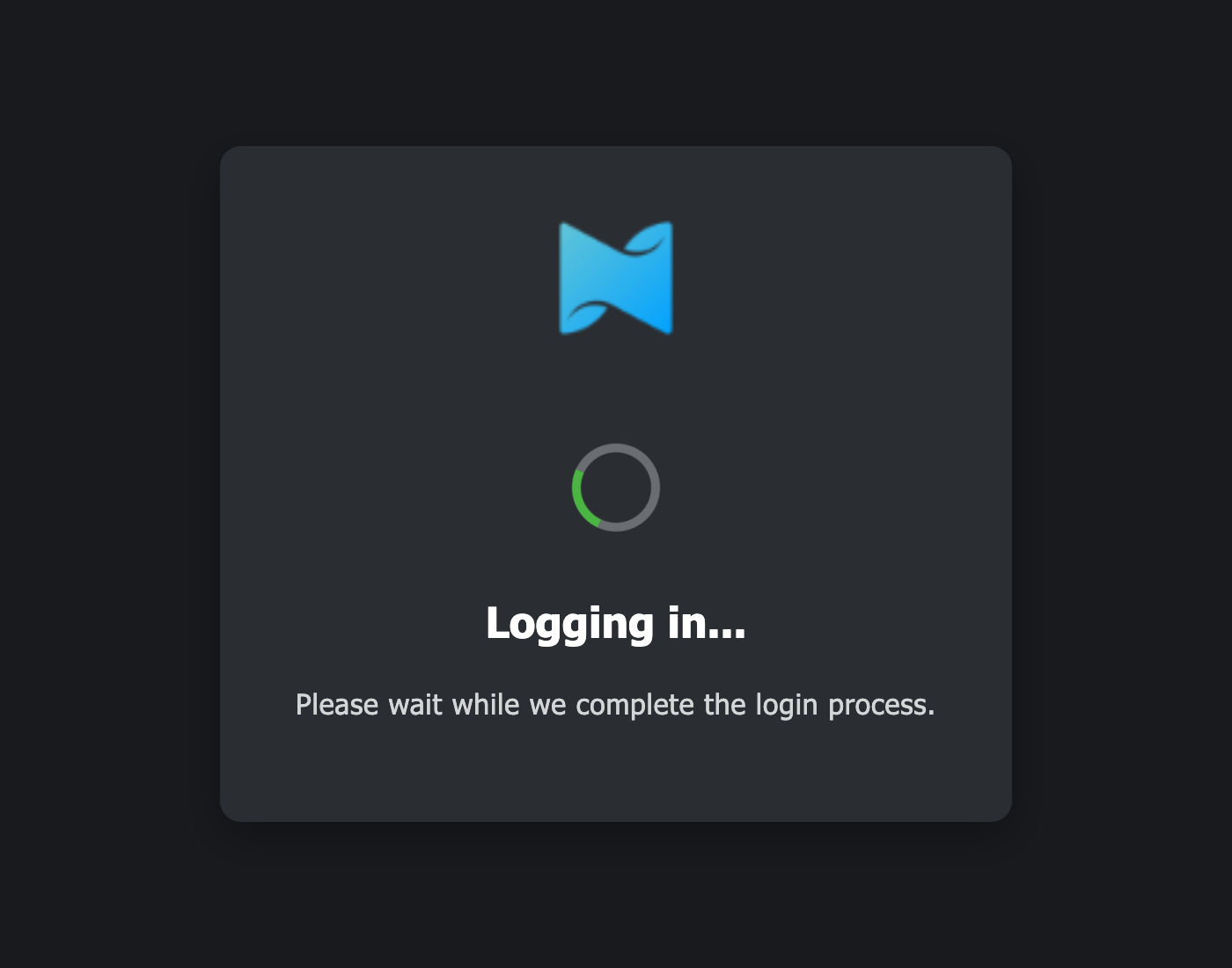 The Workplace sign-in dialog with the Netzilo logo, a spinner, the heading Logging in and the text Please wait while we complete the login process