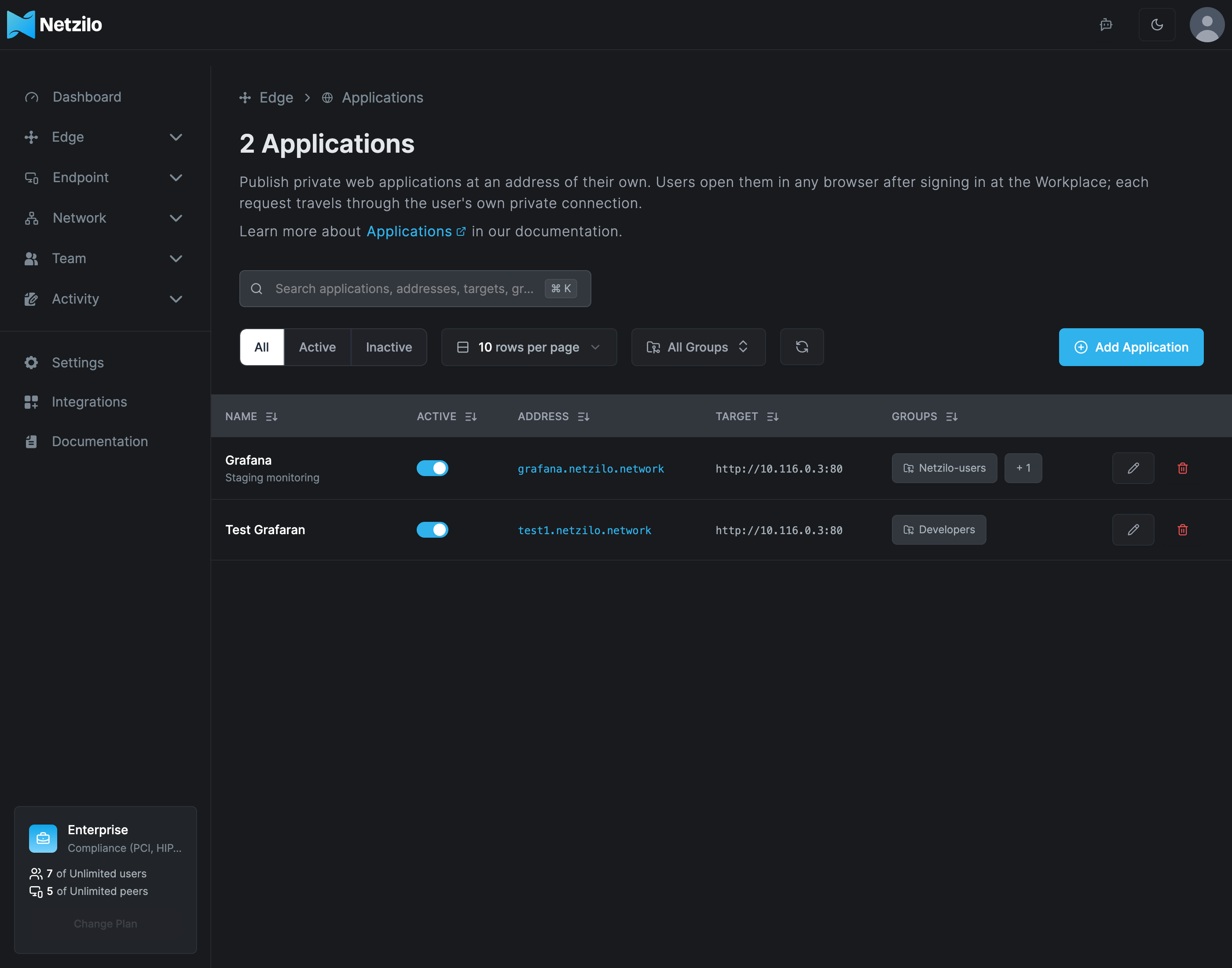 The Applications page under Edge, listing two published applications with their addresses, targets and groups, and an Add Application button