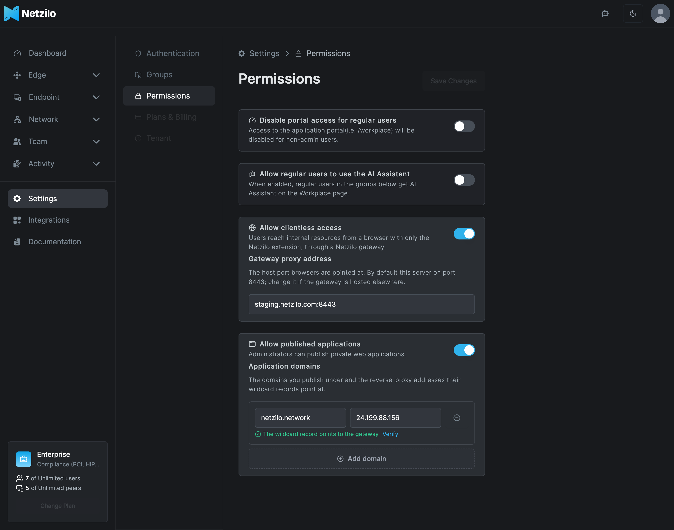 The Permissions page under Settings, with the Allow published applications switch turned on and one application domain listed below it, marked The wildcard record points to the gateway