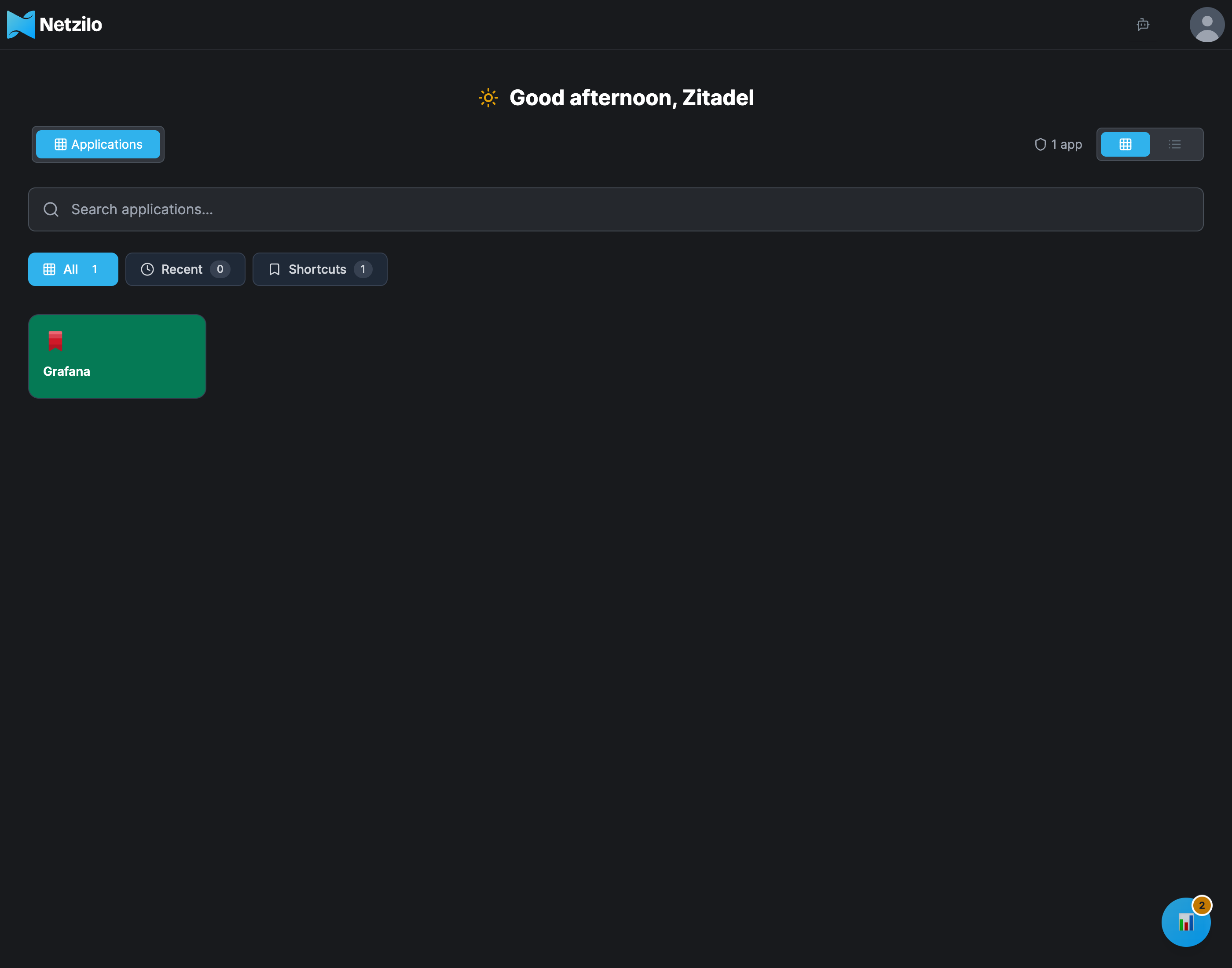 The Workplace page with the Applications tab selected, showing one application tile named Grafana
