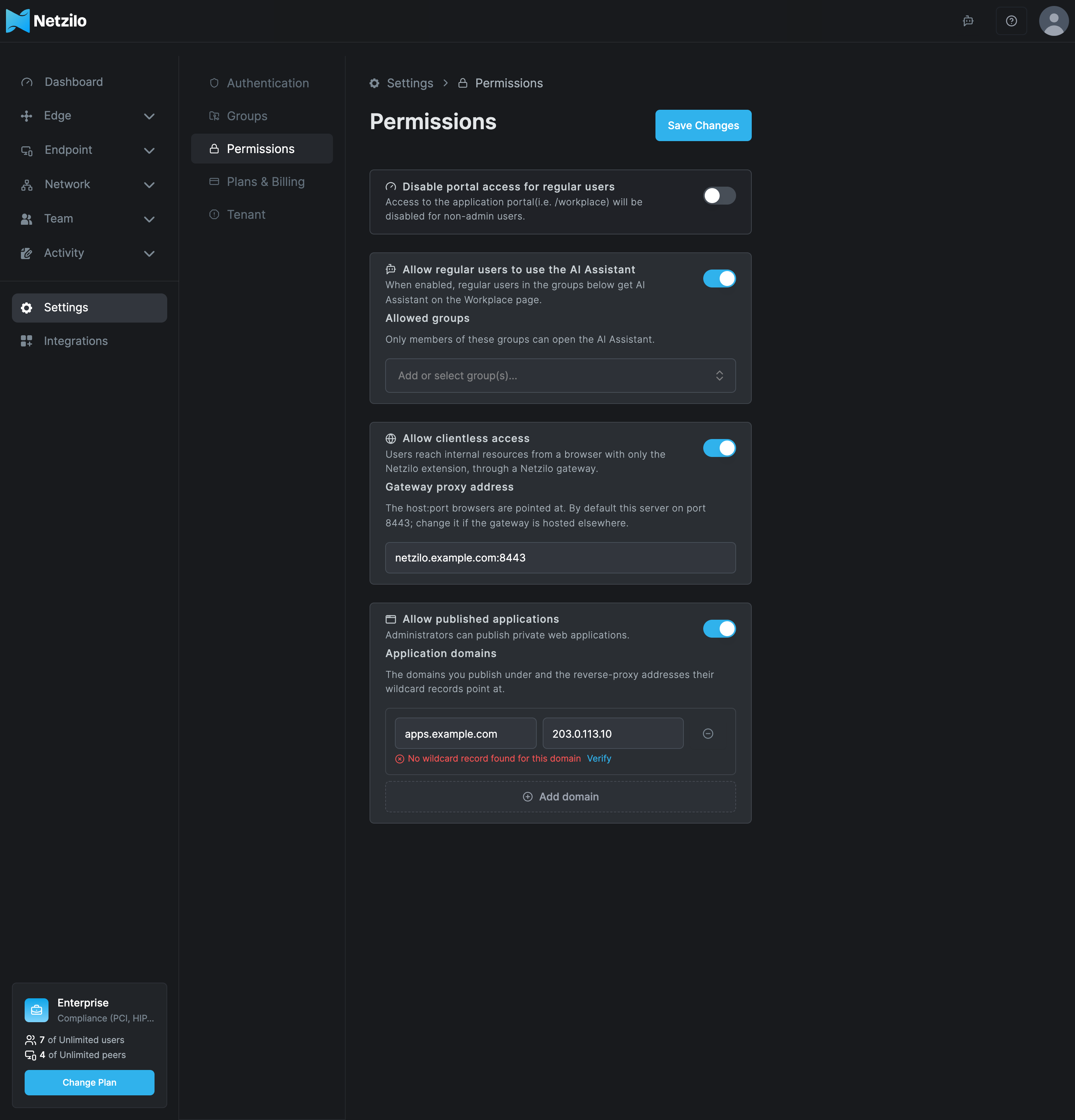 The Permissions tab of Settings: Allow clientless access and Allow published applications turned on, with the application domain apps.example.com and the address 203.0.113.10 under Application domains, and a Verify link