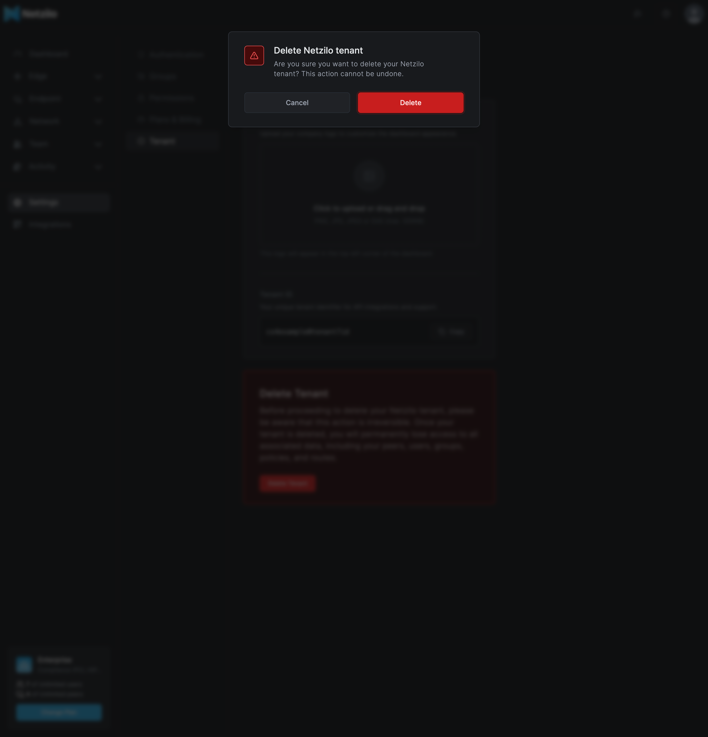 The confirmation dialog Delete Netzilo tenant, with the buttons Cancel and Delete