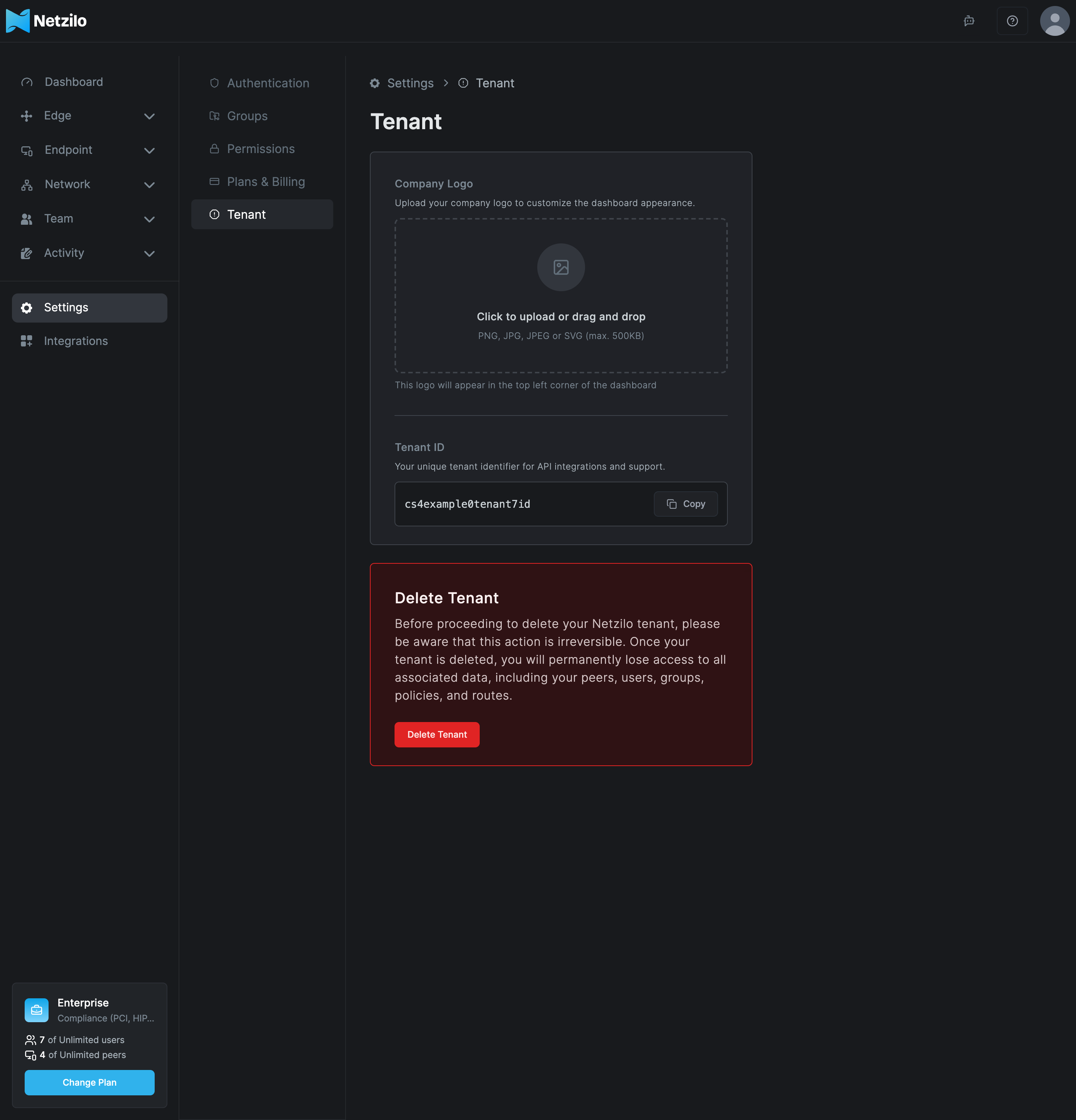 The Tenant tab under Settings, with the Company Logo upload area, the Tenant ID with a Copy button, and the red Delete Tenant card